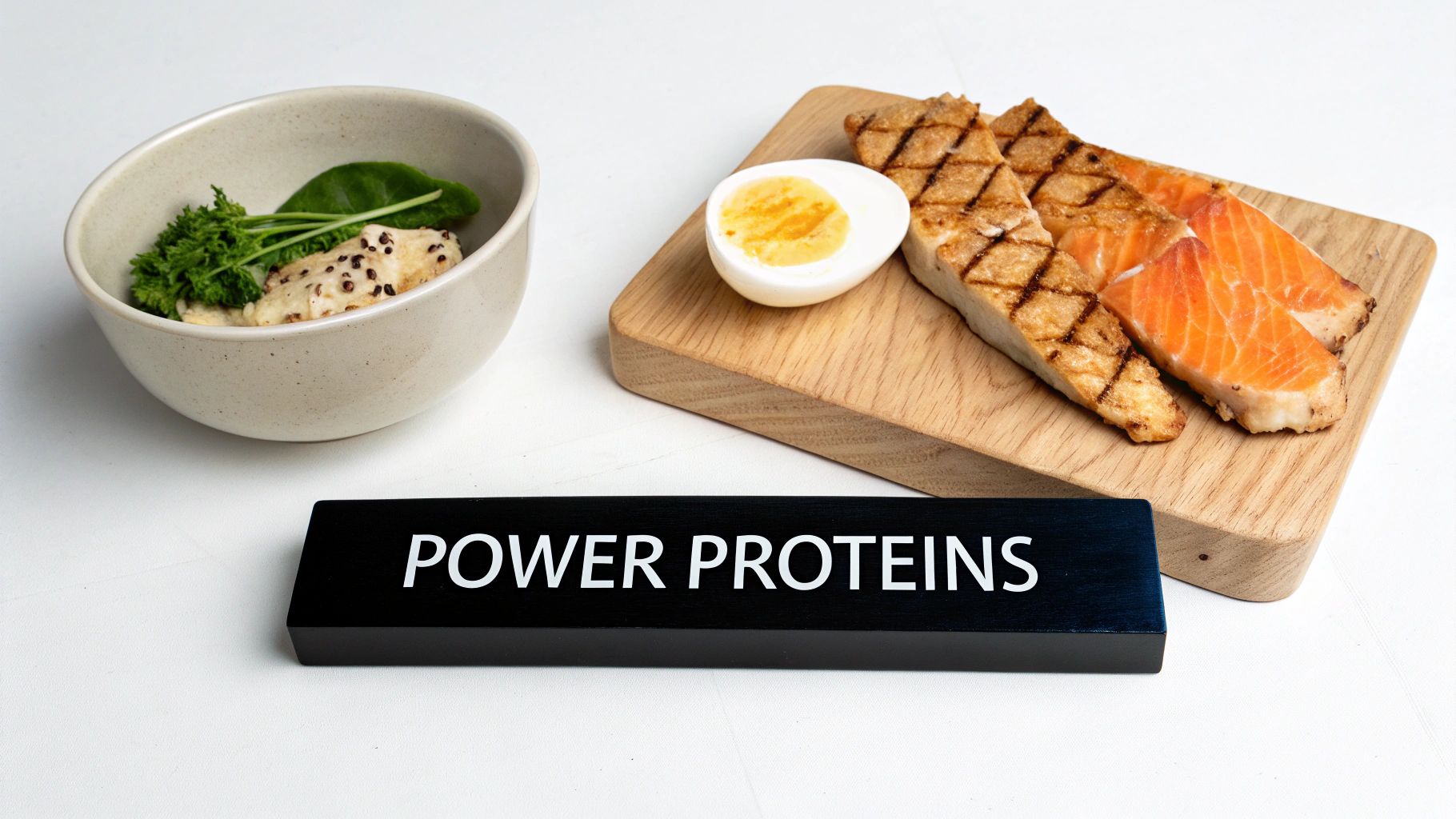 A selection of power proteins including grilled and raw salmon, a boiled egg, and a protein bowl.