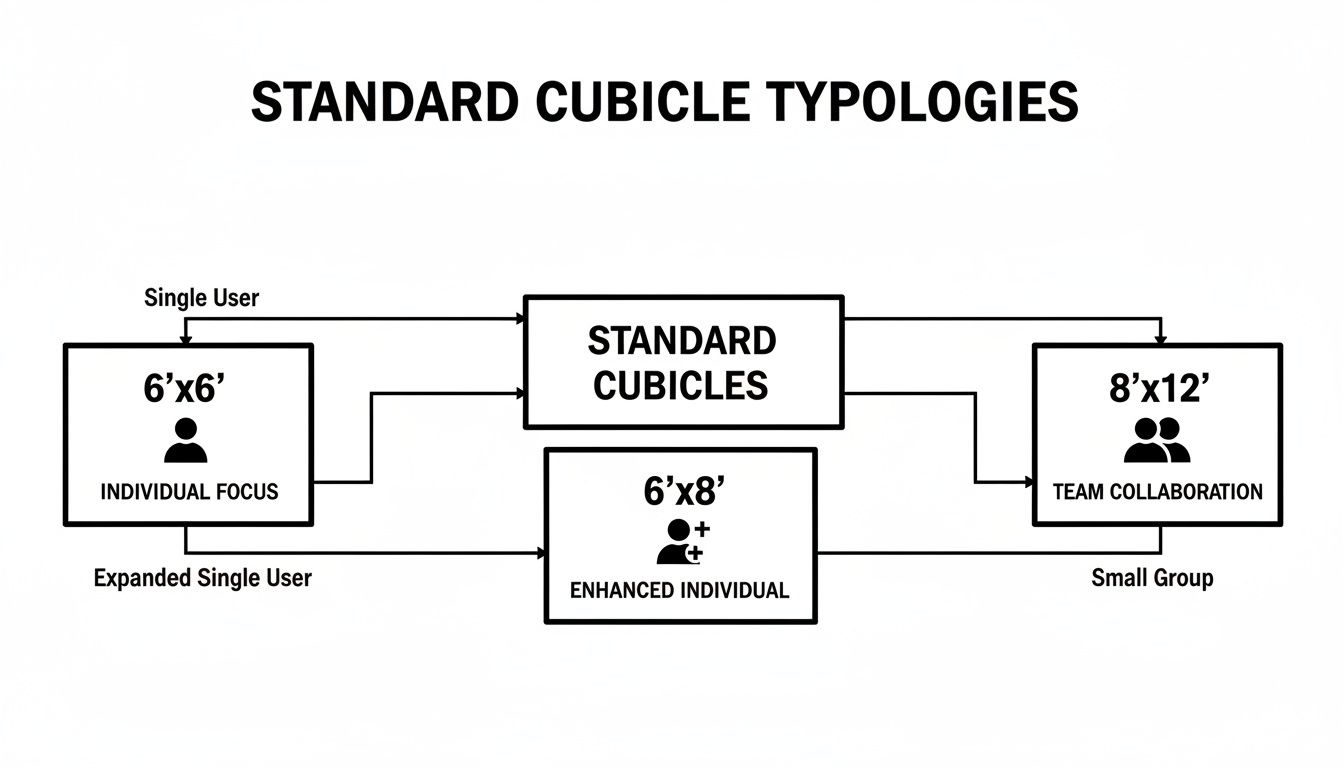 Diagram illustrating standard office cubicle typologies, showing sizes and their intended uses for individual and team work.