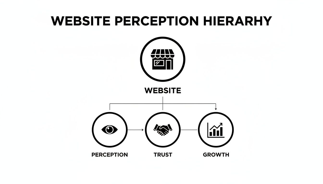 Diagram illustrating the website perception hierarchy, a key element of web design showing that initial perception leads to trust and ultimately growth.