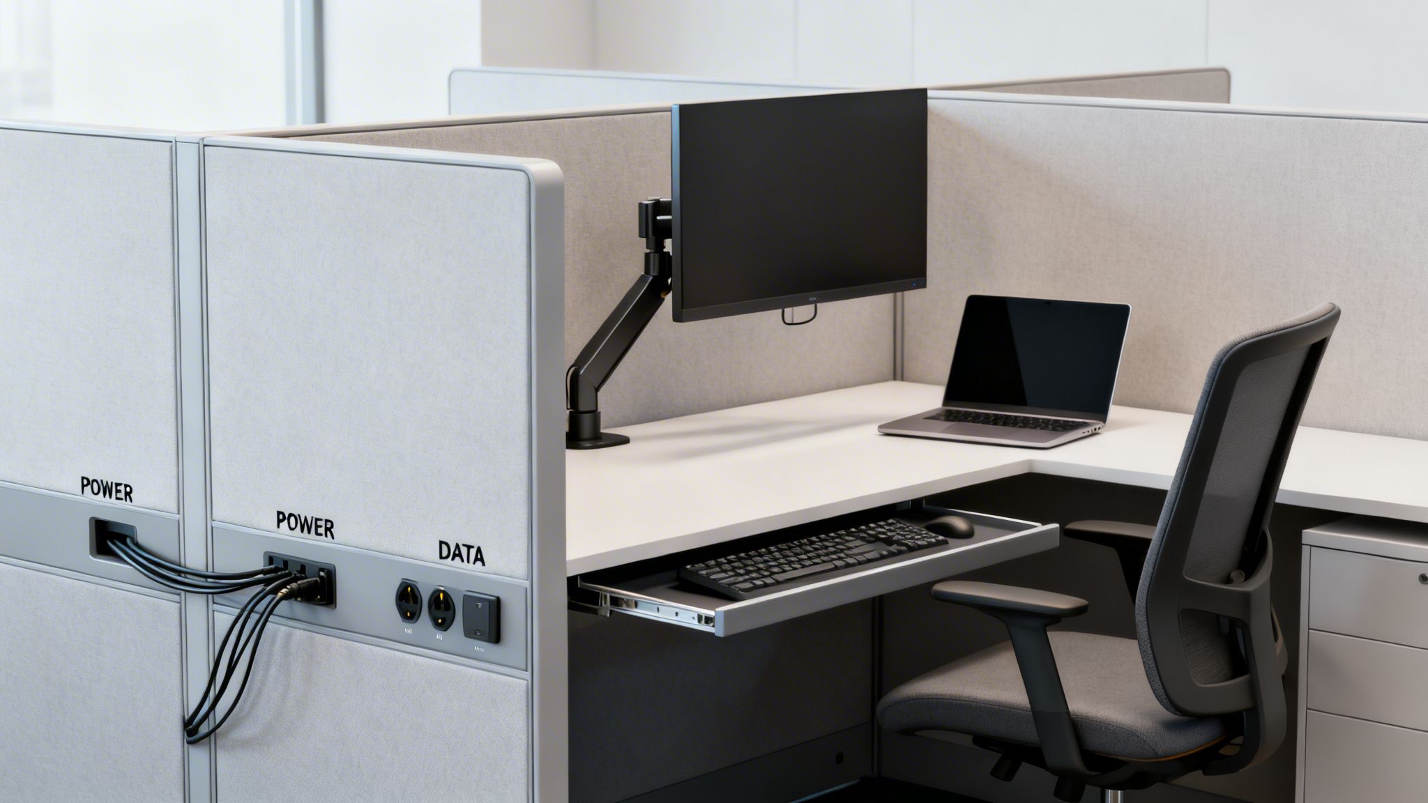 A modern office cubicle with a monitor, laptop, ergonomic chair, and easily accessible desktop power and data outlets.