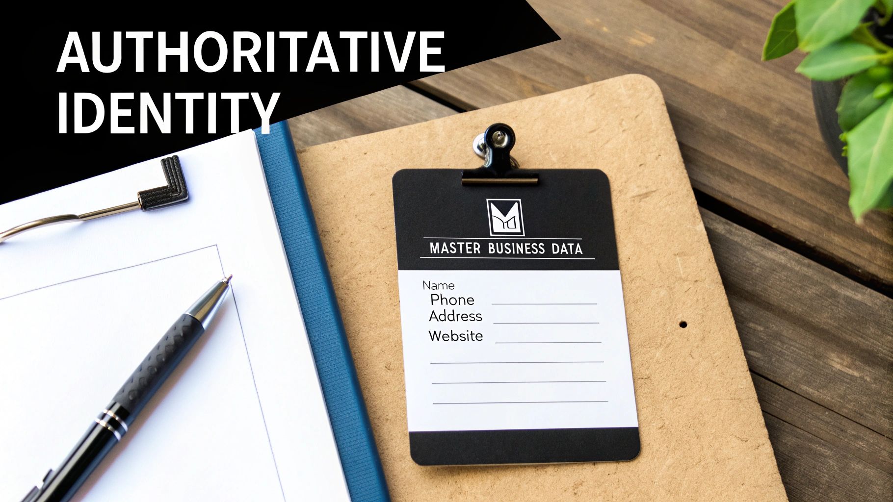 A black card on a wooden clipboard with 'Master Business Data' and contact fields, symbolizing how to manage entity business data.