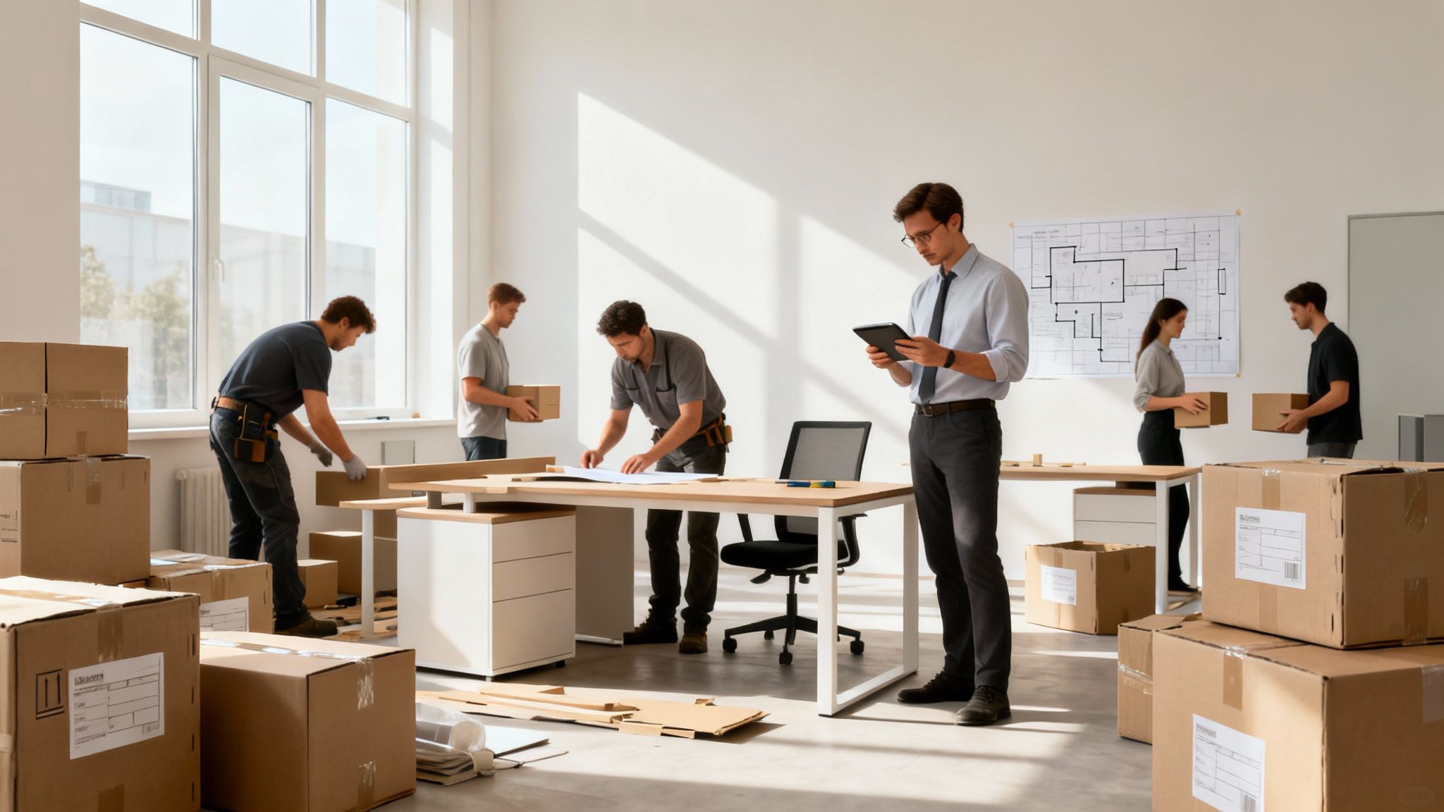 A team works together to set up a modern office space, illustrating the final steps of executing a floor plan.