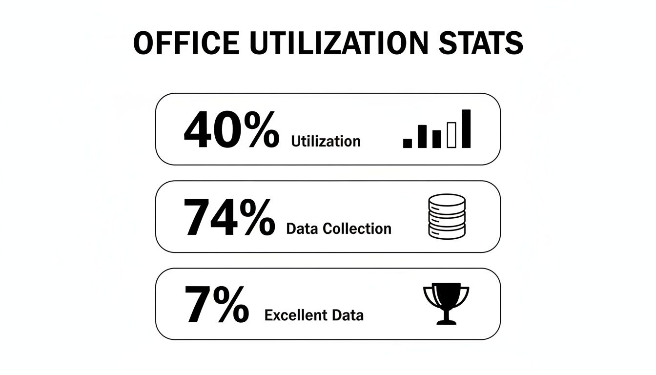 Office utilization statistics with charts displaying 40% utilization, 74% data collection, and 7% excellent data.