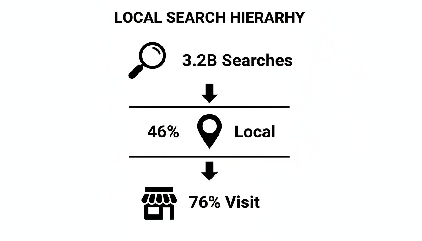 Hierarchy of local search statistics for local seo services near me showing 3.2 billion total searches, 46% local, and 76% visits.