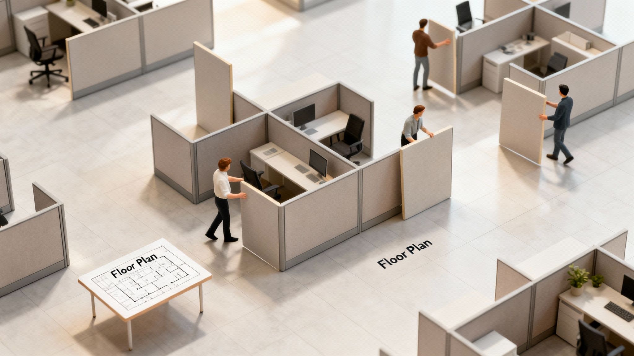 Miniature people are assembling modular office cubicles, showing a flexible workspace design with a floor plan.