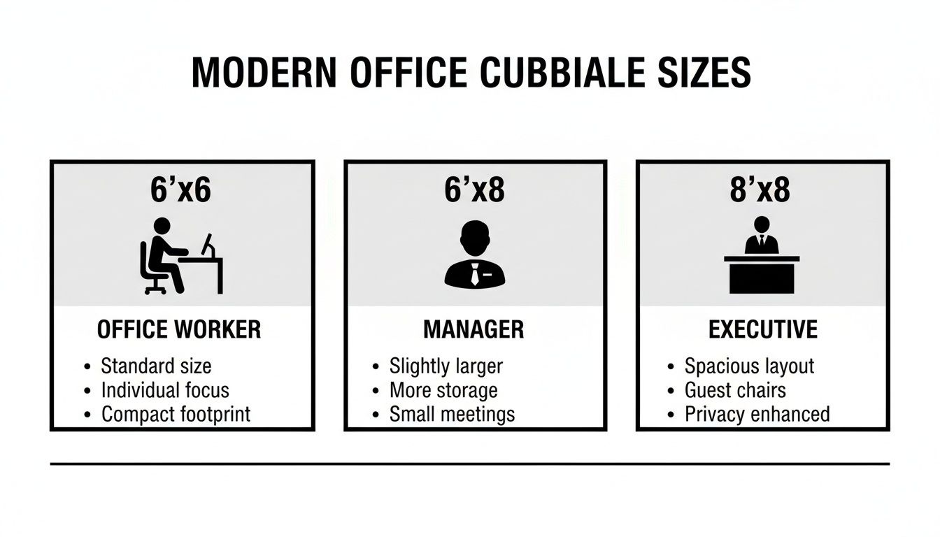 Infographic showing modern office cubicle sizes for office workers, managers, and executives, detailing dimensions and features.
