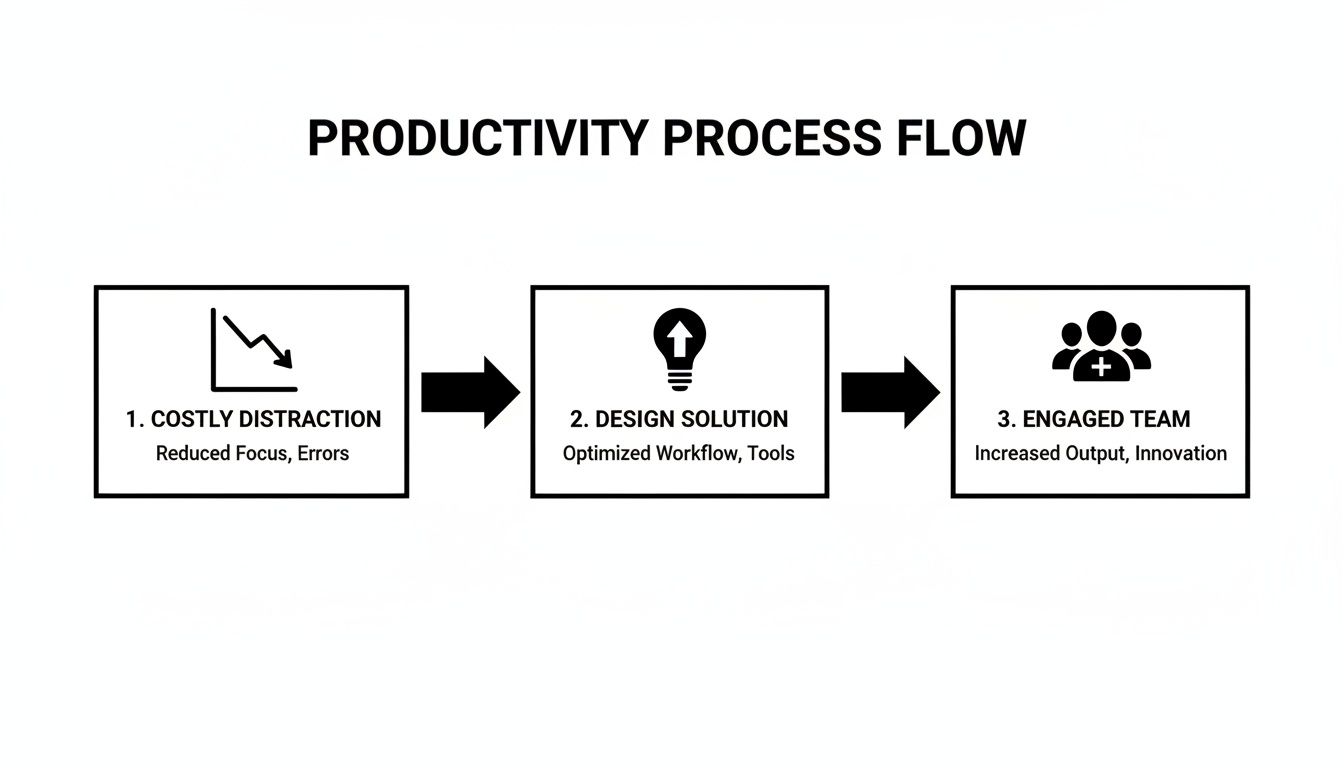Process flow diagram illustrating steps from costly distraction to design solution and an engaged team for improved productivity.