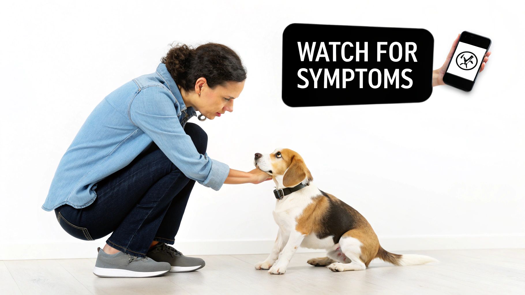 A happy dog looking up at a slice of a ripe red tomato being held by its owner.