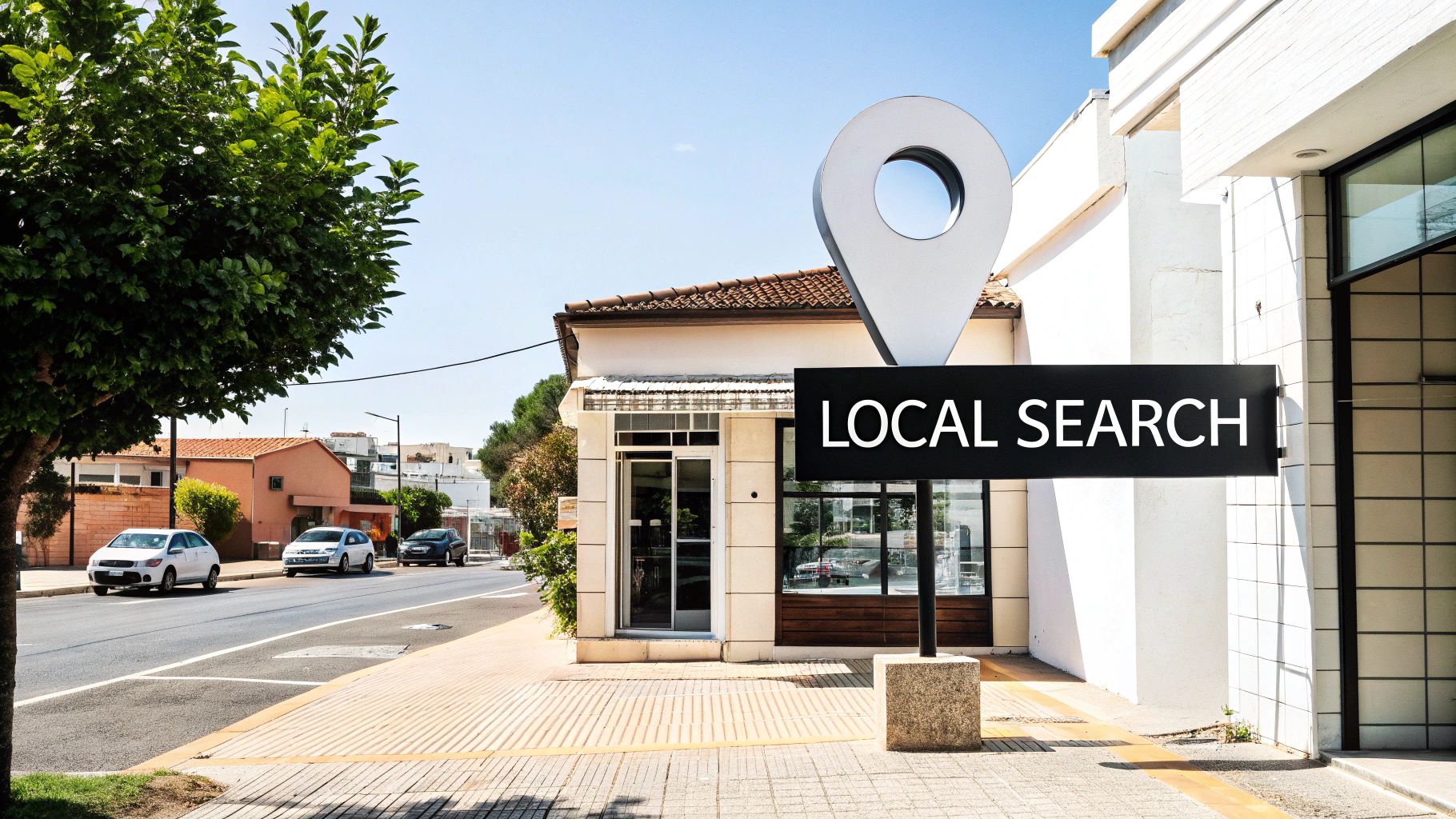 A 3D map pin and a "LOCAL SEARCH" sign along a street, symbolizing local SEO content strategy examples.