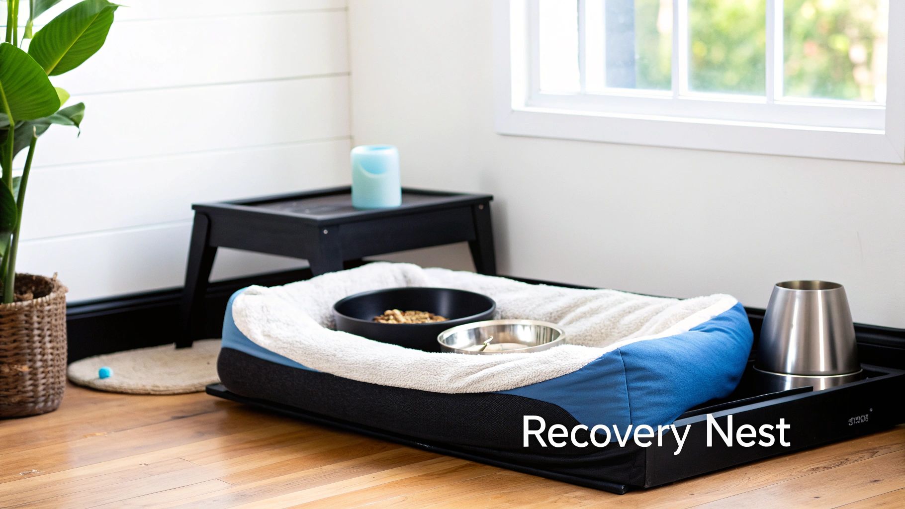 A golden retriever resting comfortably on a dog bed with a cone after surgery.