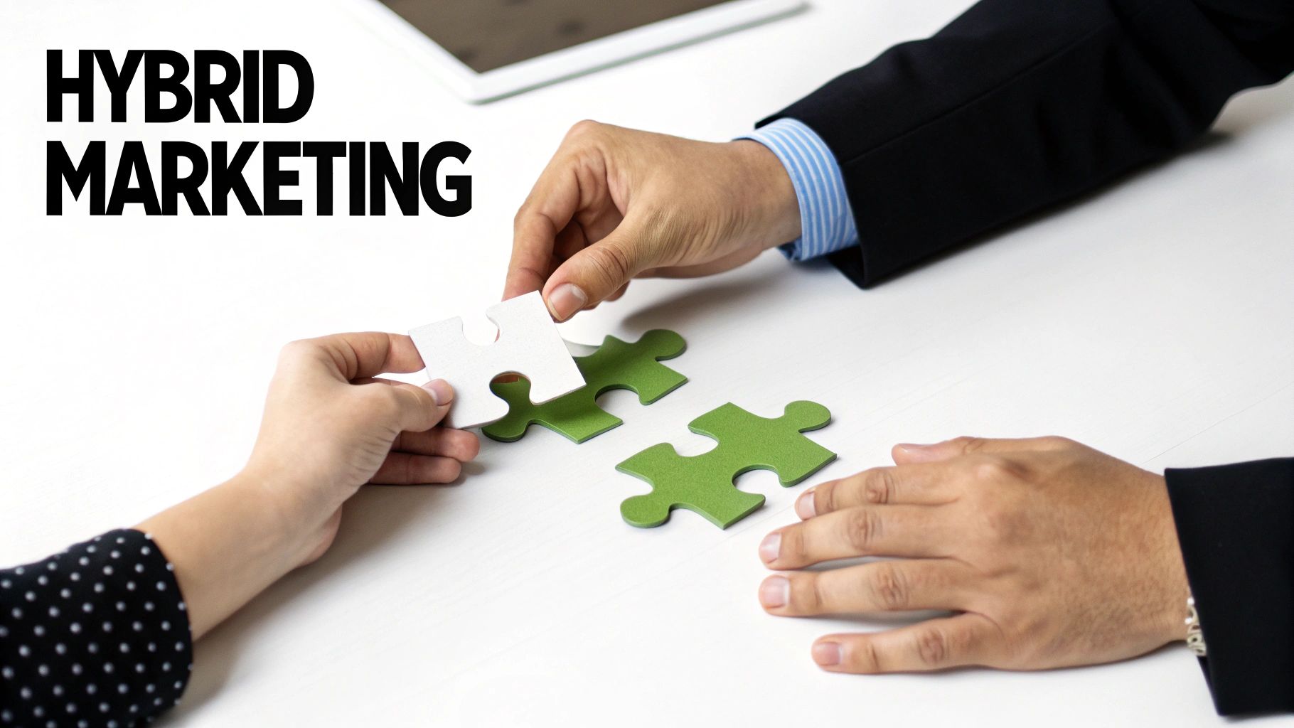 Two people's hands assembling green and white puzzle pieces, representing a hybrid in house vs agency marketing model.