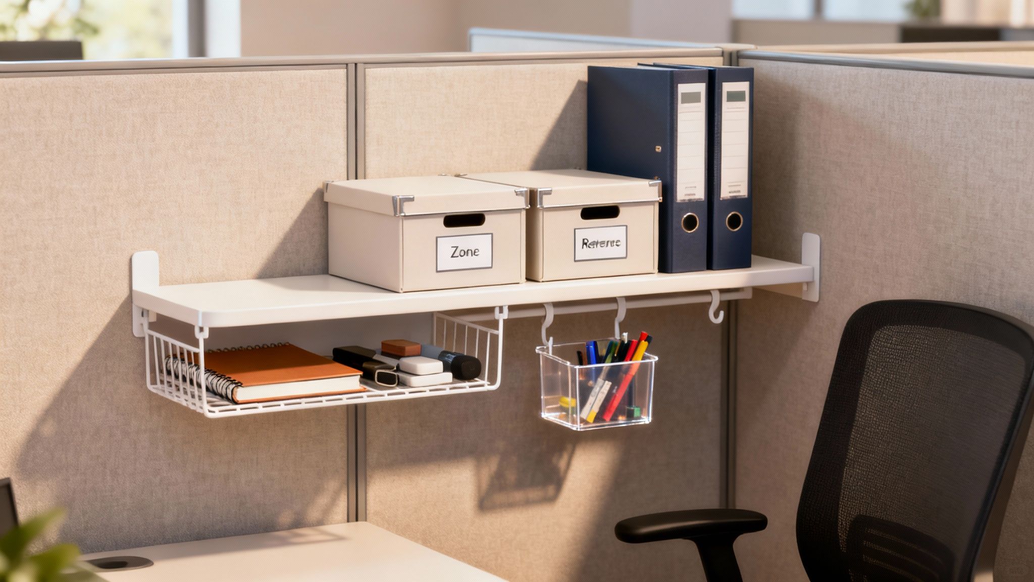 A person organizing items on cubicle hanging shelves, creating a tidy and productive workspace.