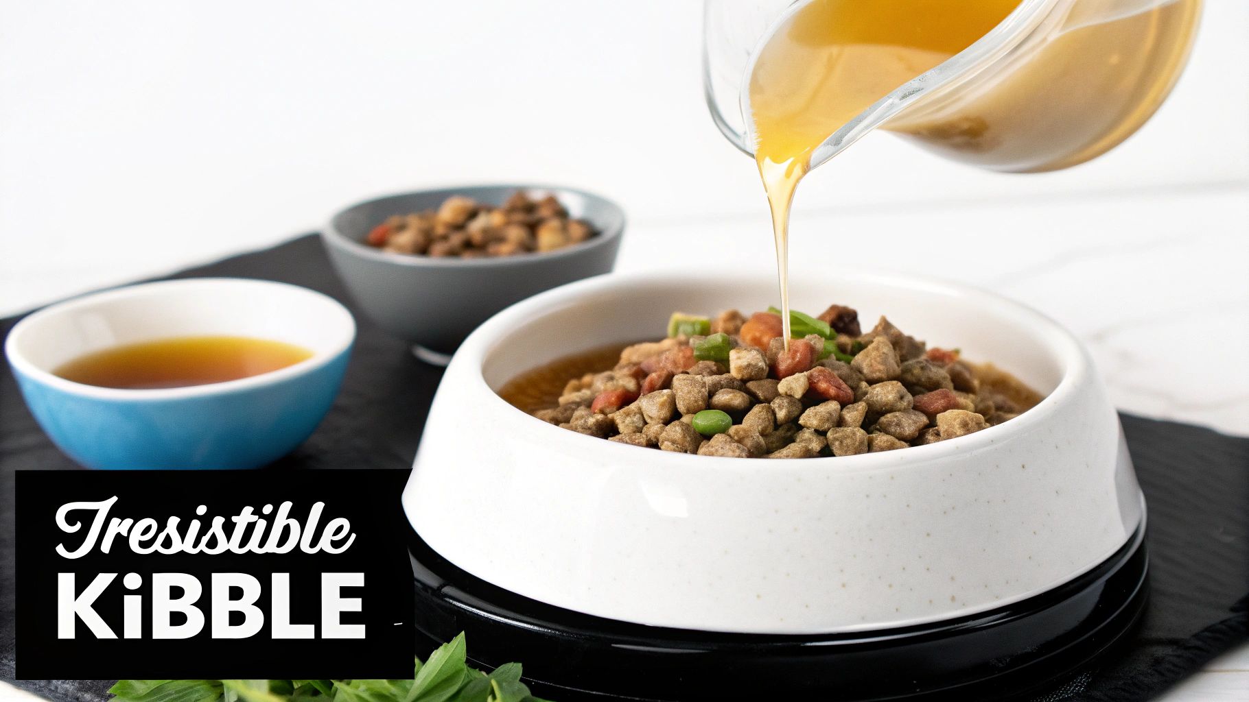 A dog eagerly looking at its owner who is sprinkling a powder supplement over a bowl of kibble.