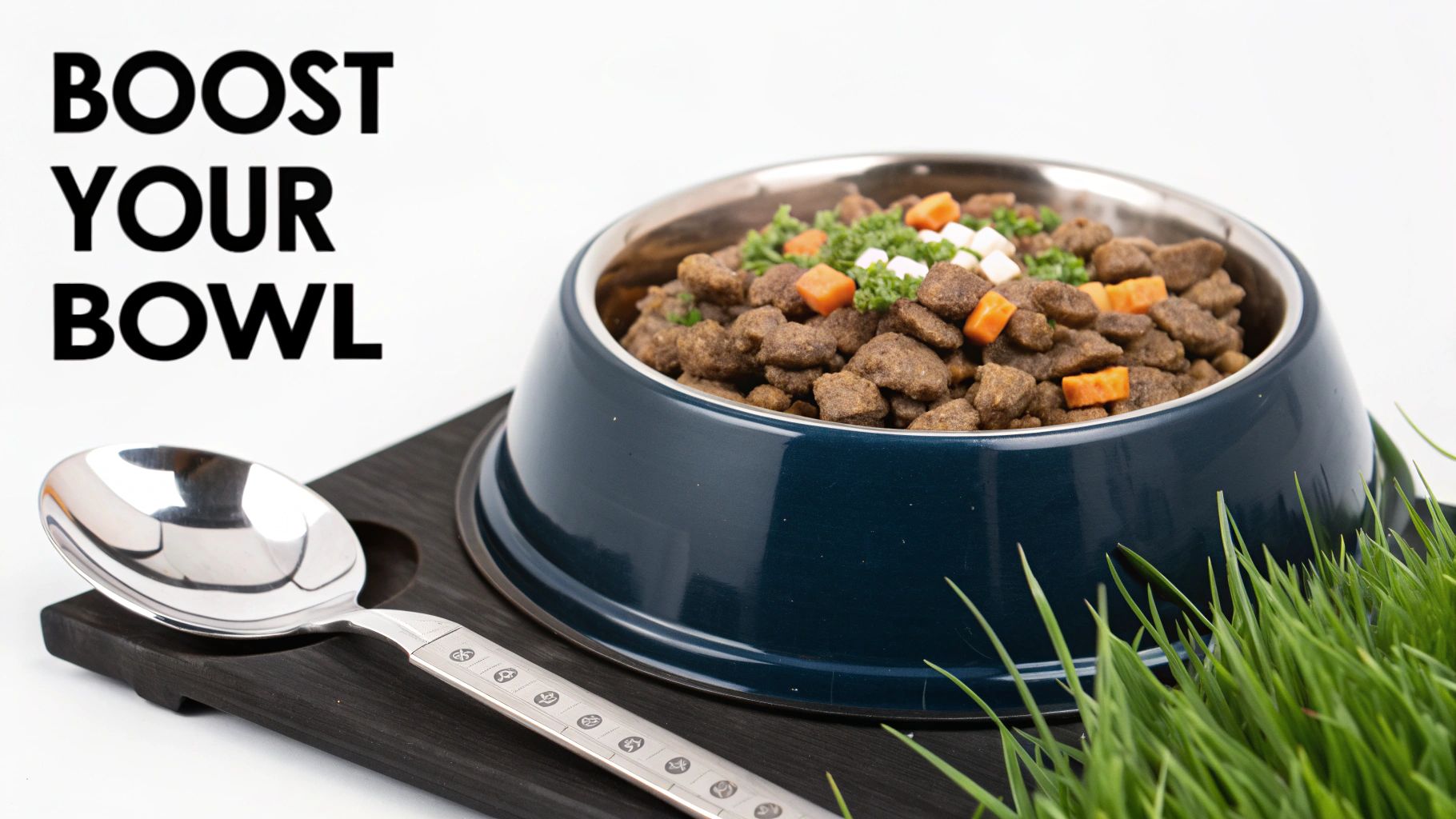 A scoop of ChowPow meal topper being sprinkled over a bowl of dog kibble.