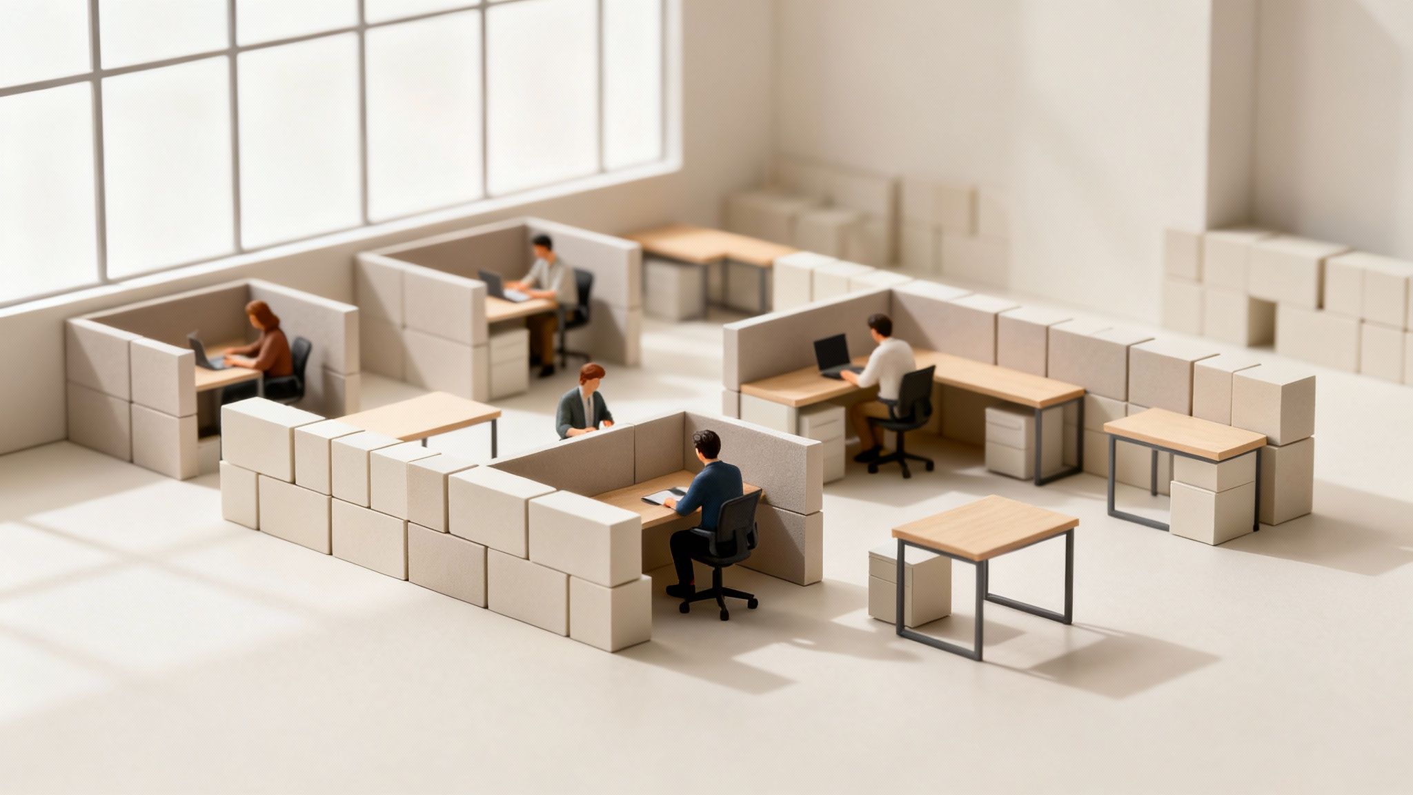 Miniature office scene showing people working in modular cubicles with desks and laptops.