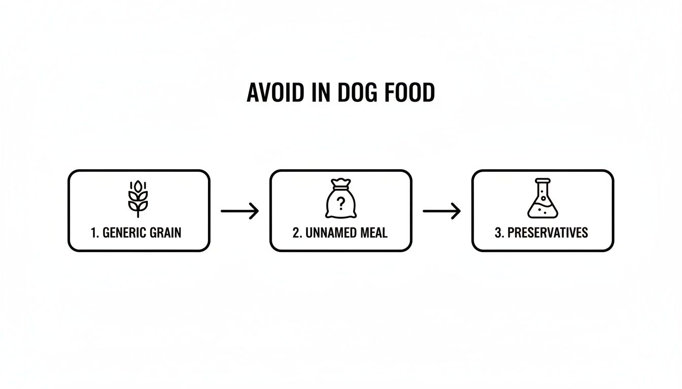 Infographic highlighting red-flag ingredients like generic grains, unnamed meat meals, and synthetic preservatives
