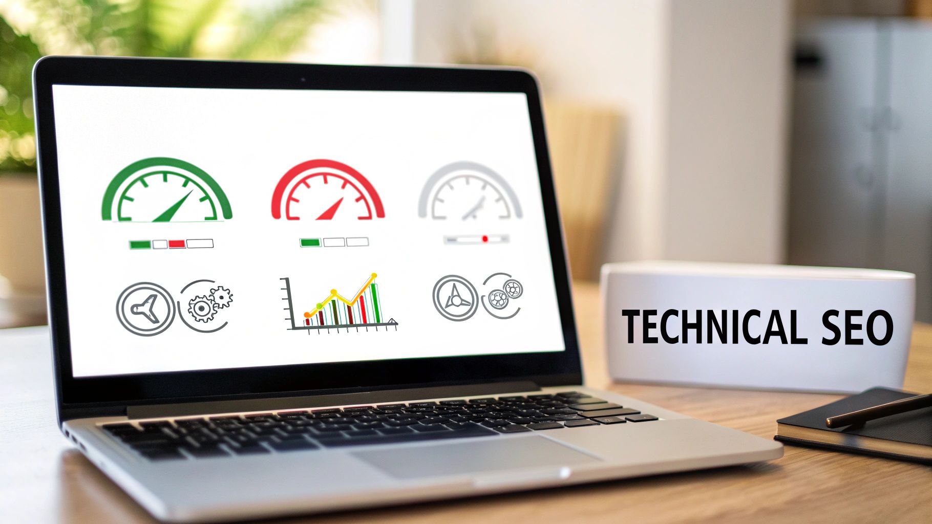 Laptop displaying technical SEO metrics which are key to getting organic traffic, including speed gauges and graphs.