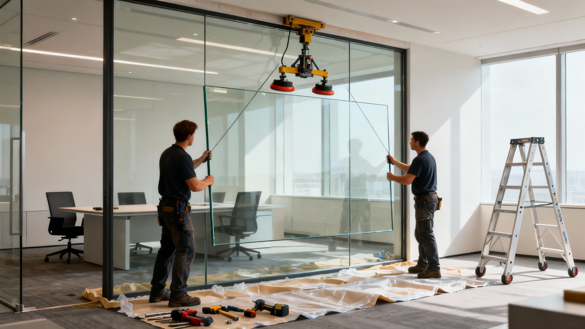Workers carefully installing a large glass partition wall in a modern office building.