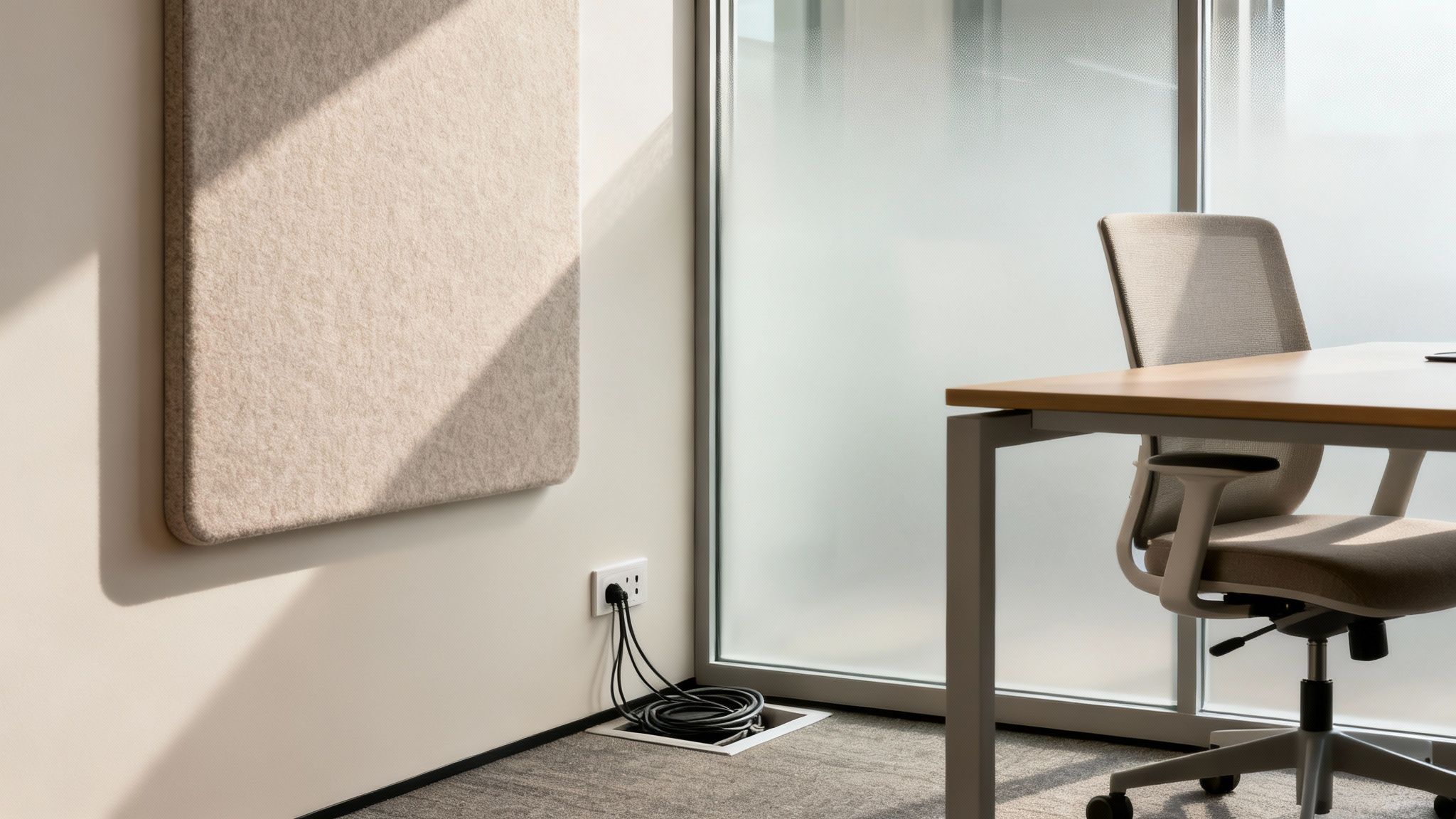 A close-up of an acoustic panel on an office wall, demonstrating sound absorption technology for better office acoustics.