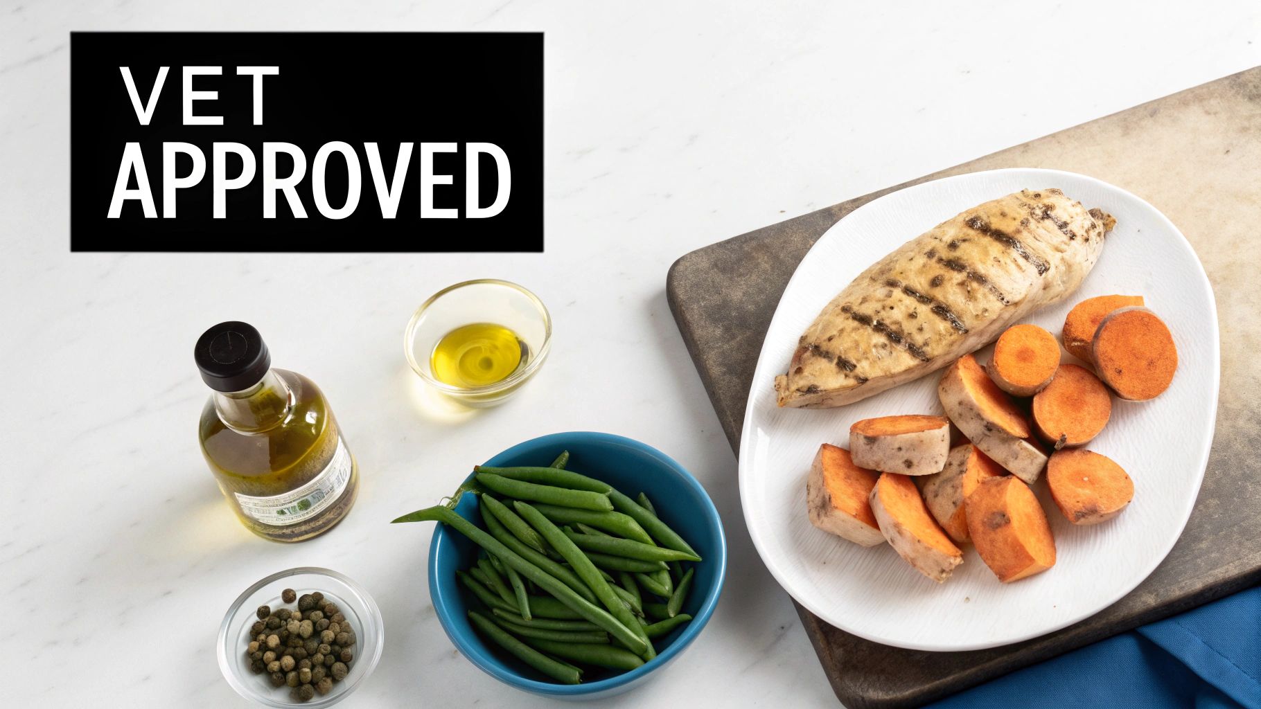A healthy, vet-approved homemade dog meal with grilled chicken, sweet potatoes, green beans, and olive oil is beautifully arranged in a bowl.
