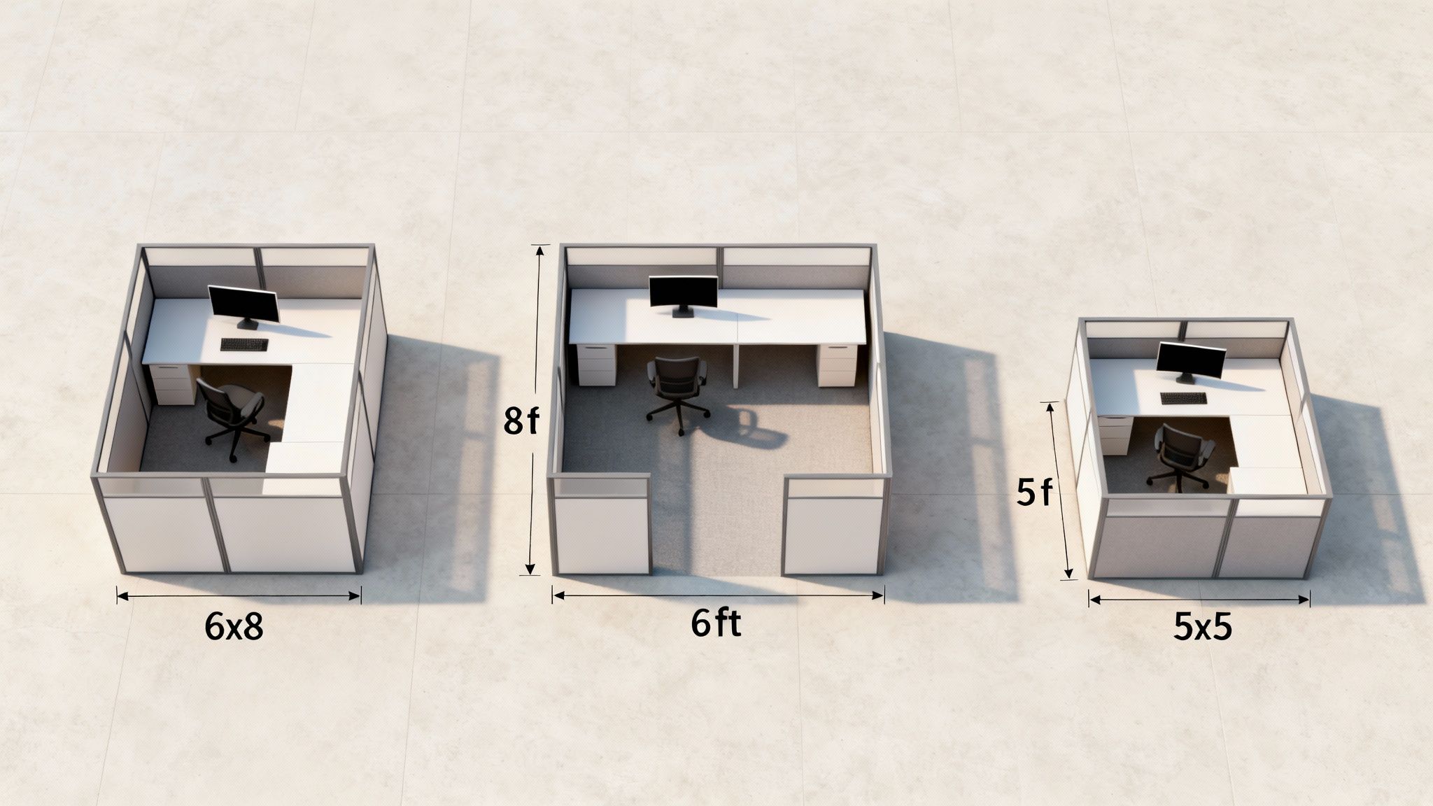 Three office cubicles showcasing different sizes and layouts, including 6x8, 6ft, and 5x5 configurations, illustrating standard office cubicle sizes.