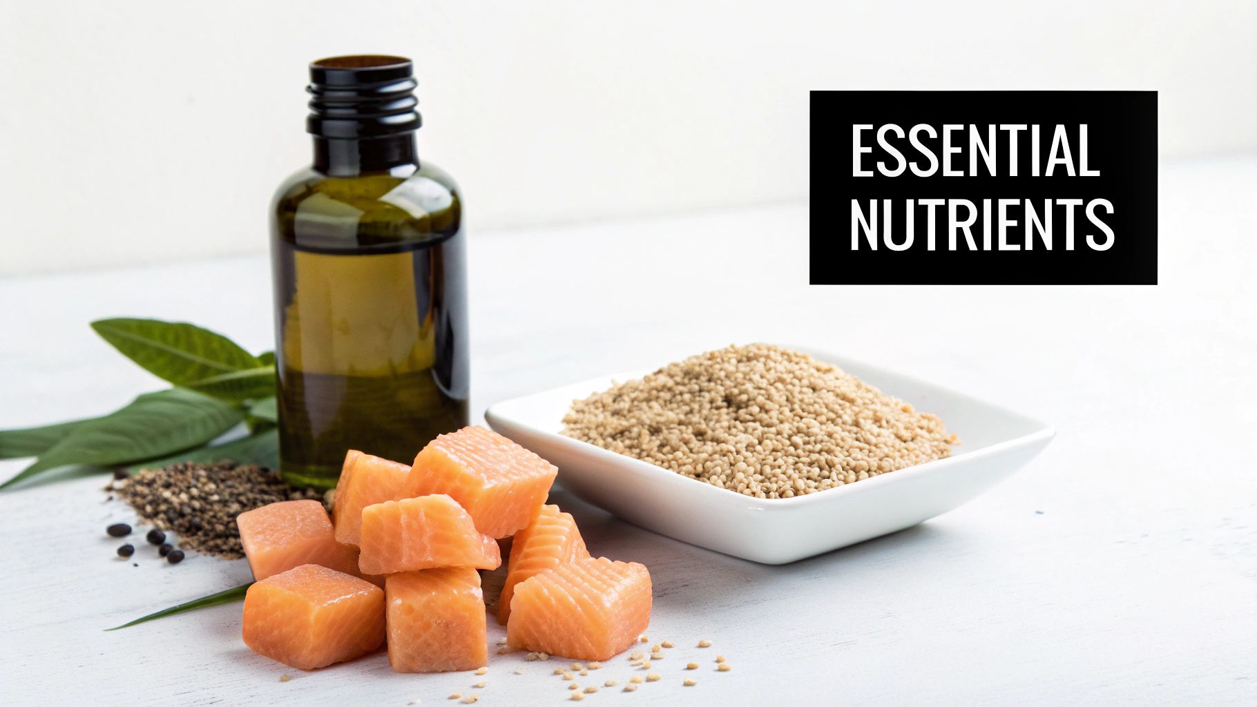 A close-up of essential nutrients including salmon cubes, cooking oil, and healthy grains.