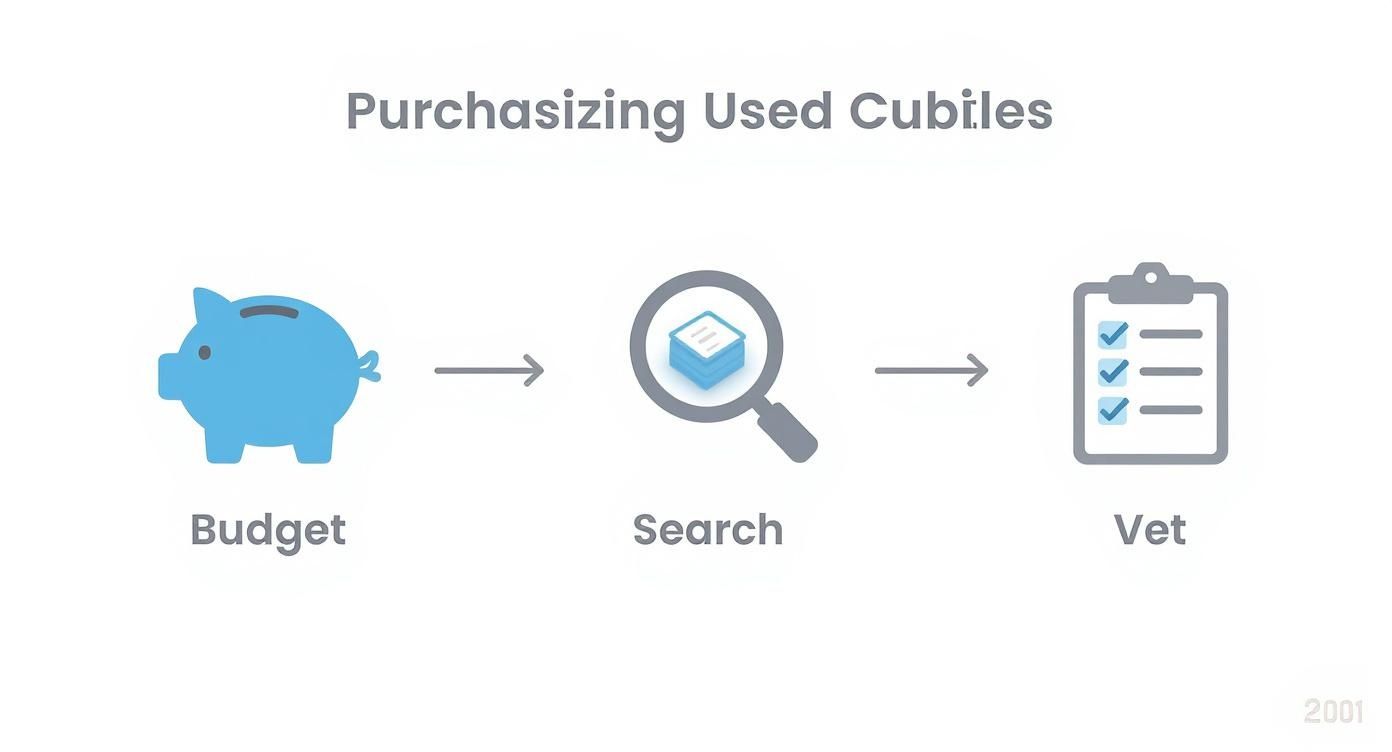 A flowchart illustrating the process of acquiring used office cubicles near me, from setting a budget to inspecting the furniture in person.