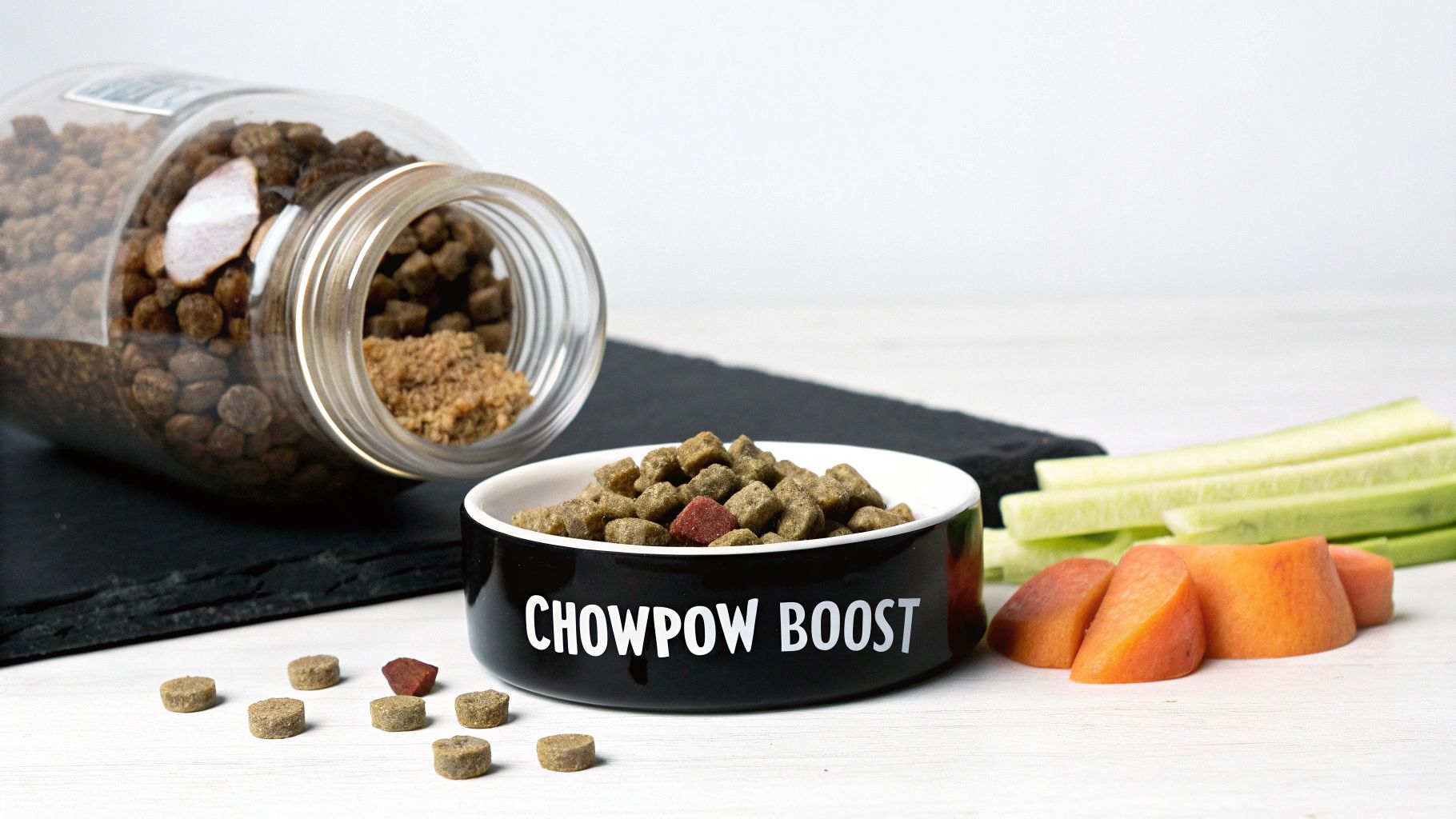 Healthy pet meal: dry kibble, supplements, fresh carrots, and cucumber sticks laid out.
