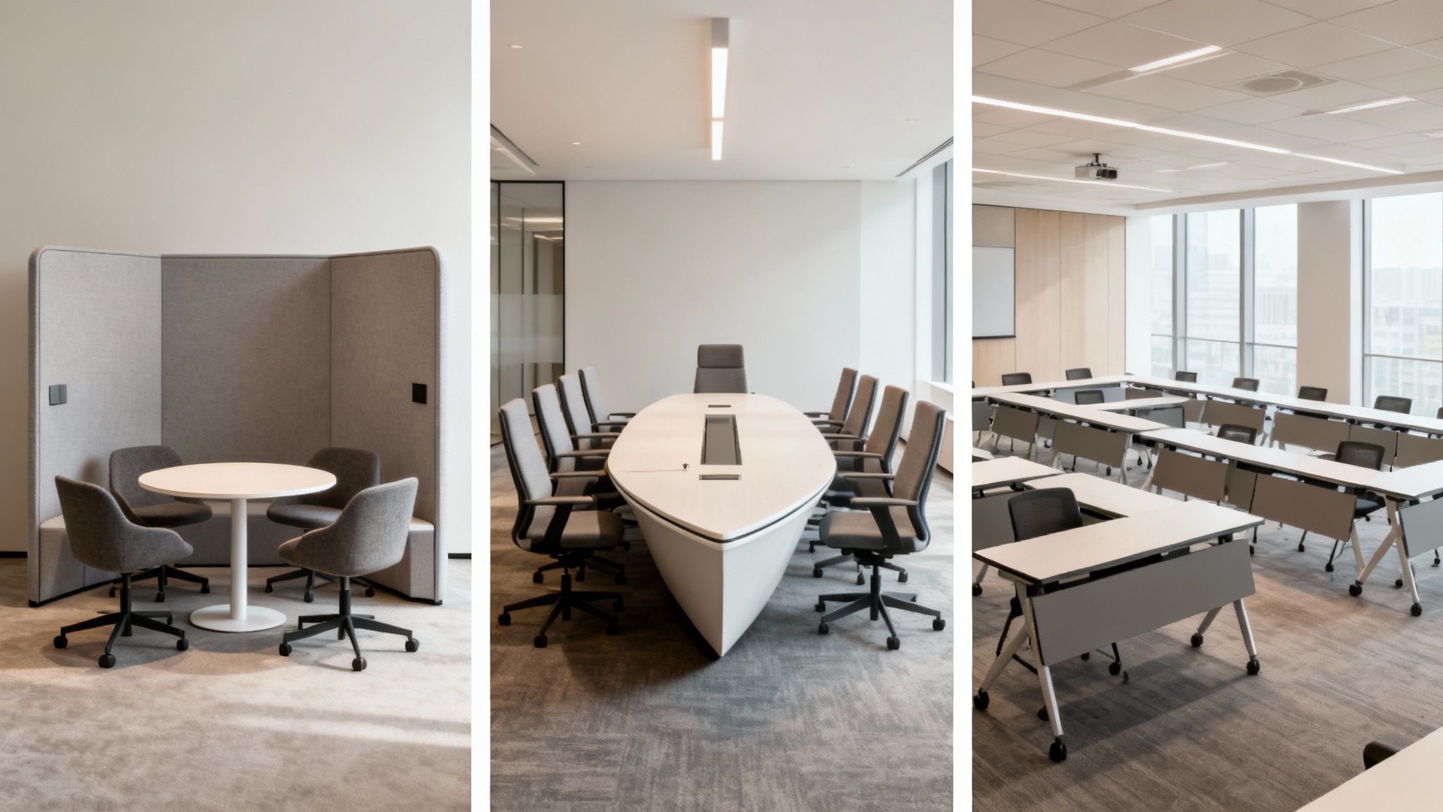 Three examples of modern office meeting spaces with different conference table dimensions and shapes.