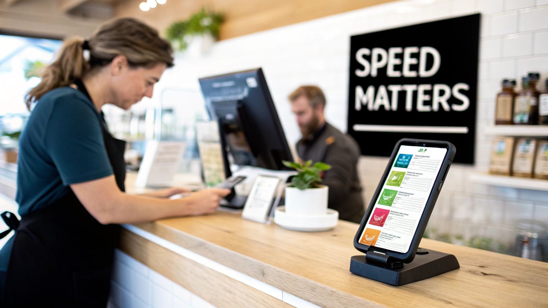 A café counter scene with a 'SPEED MATTERS' sign, illustrating how to improve website speed.