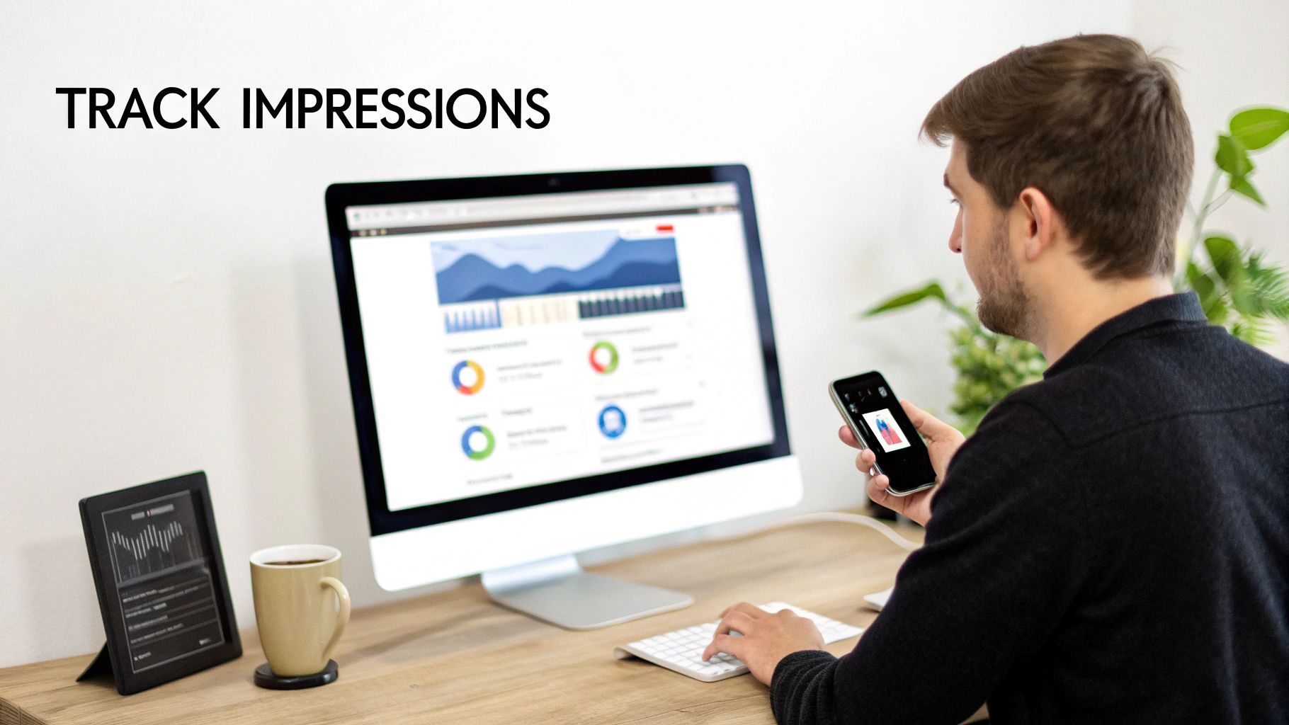 A man tracking digital impressions on a desktop computer and smartphone with data analytics.