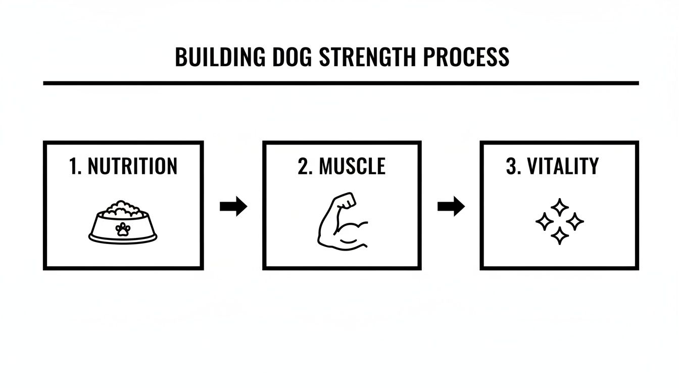 A flowchart outlining the three-step process for building dog strength: nutrition, muscle development, and vitality.