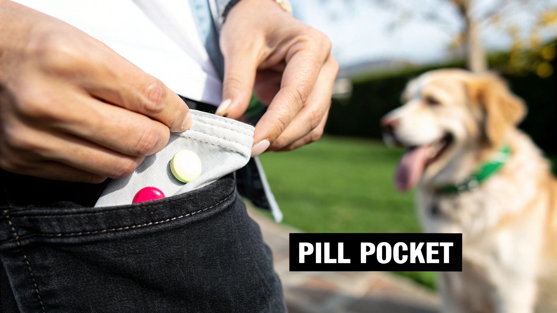 A person revealing colorful pills inside a pant pocket, with a golden retriever dog in the background.