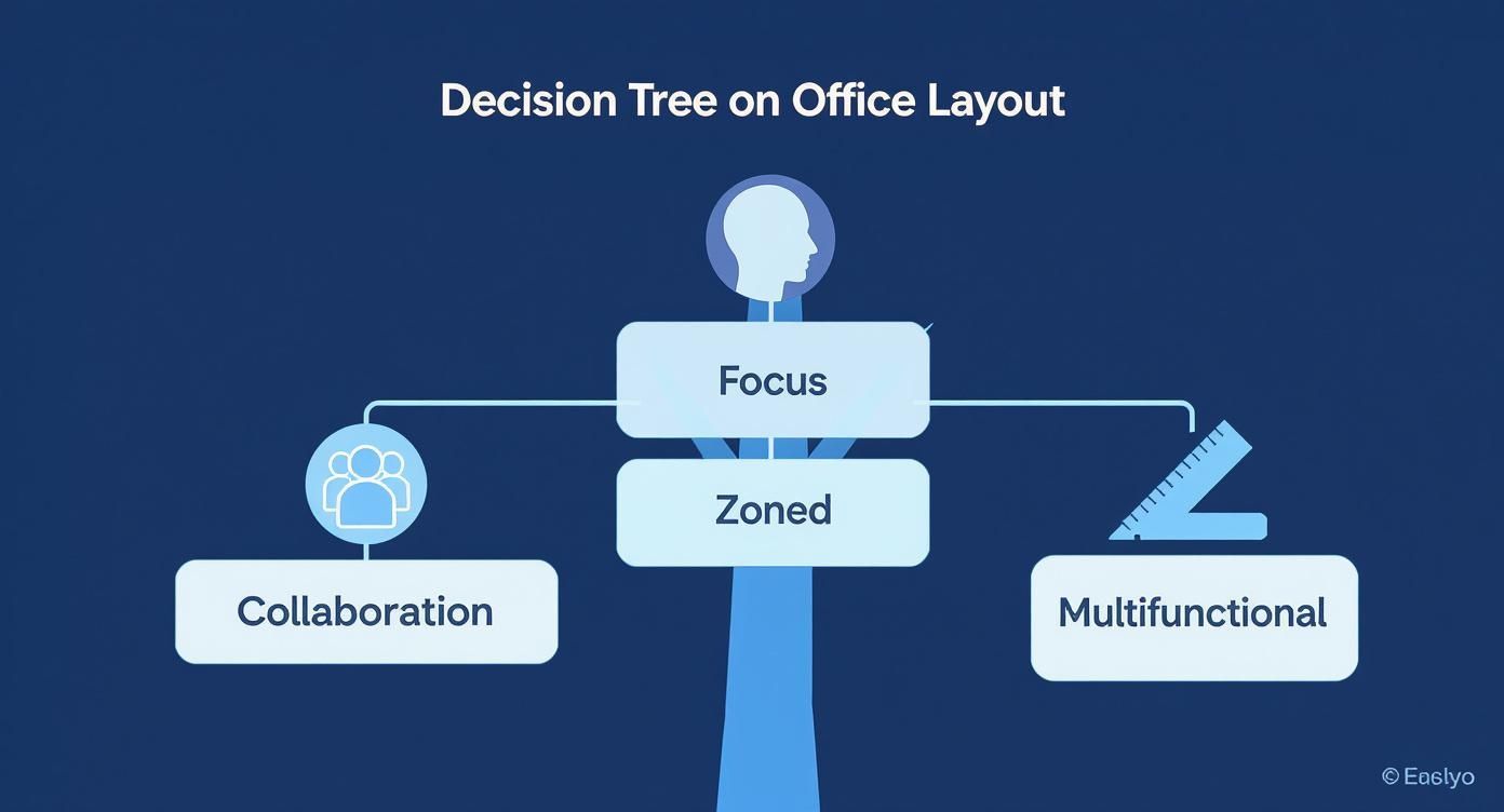 Decision tree illustrating office furniture options based on company needs: Focus, Zoned, Collaboration, and Multifunctional spaces.