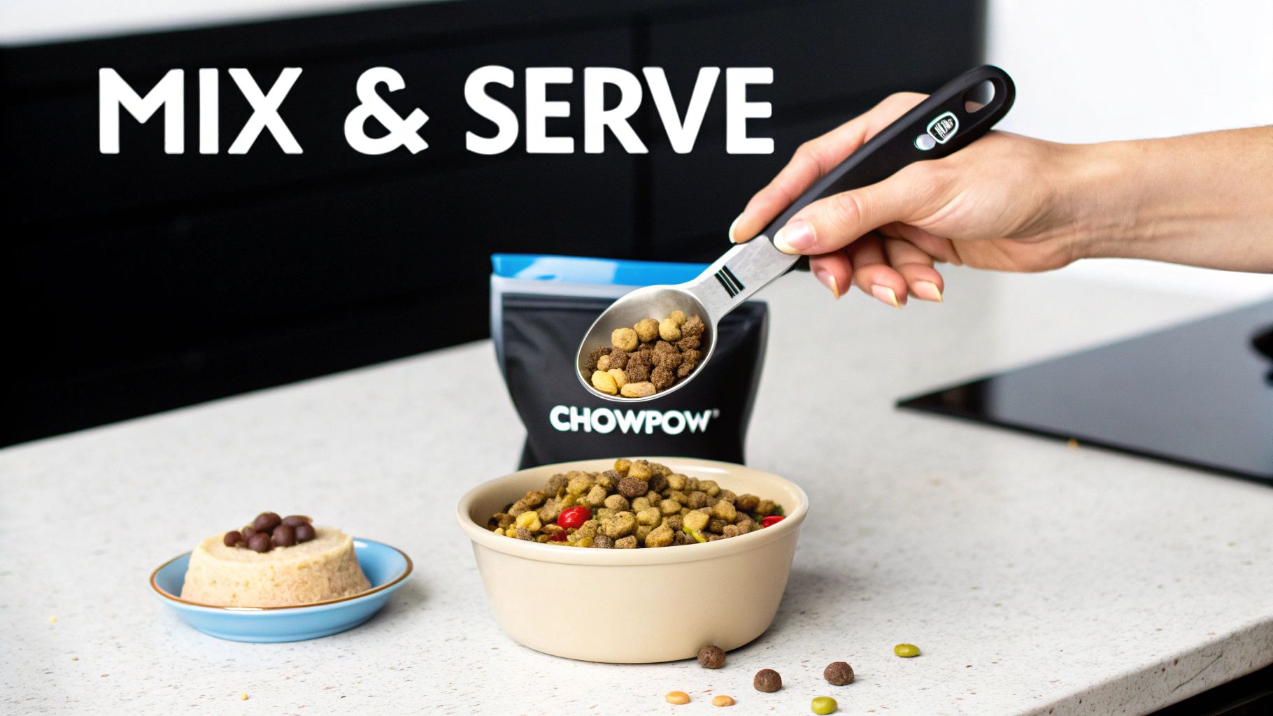 A measuring scoop filled with ChowPow dehydrated topper resting on a bag of the product.