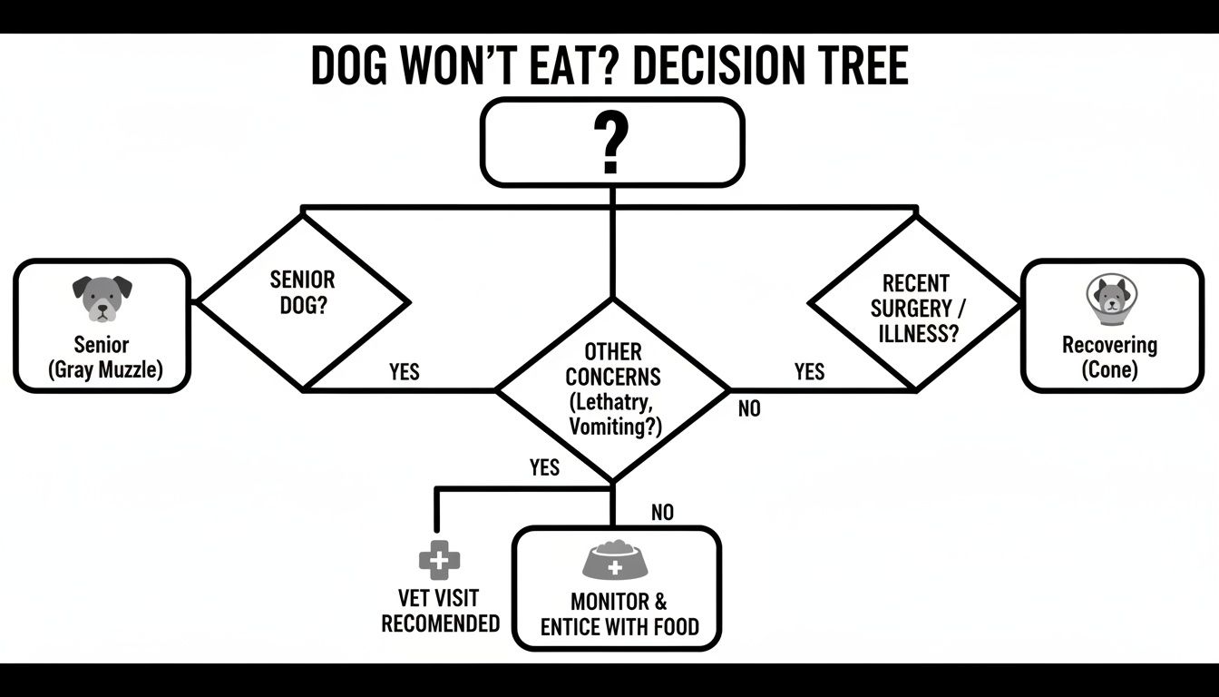 Decision tree flowchart guides dog owners on actions if their dog won't eat, based on symptoms.