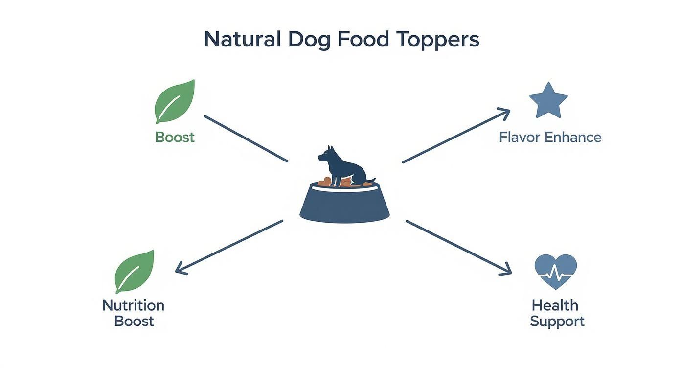 An infographic illustrating the four key benefits of natural dog food toppers: Boost, Nutrition Boost, Flavor Enhance, and Health Support.