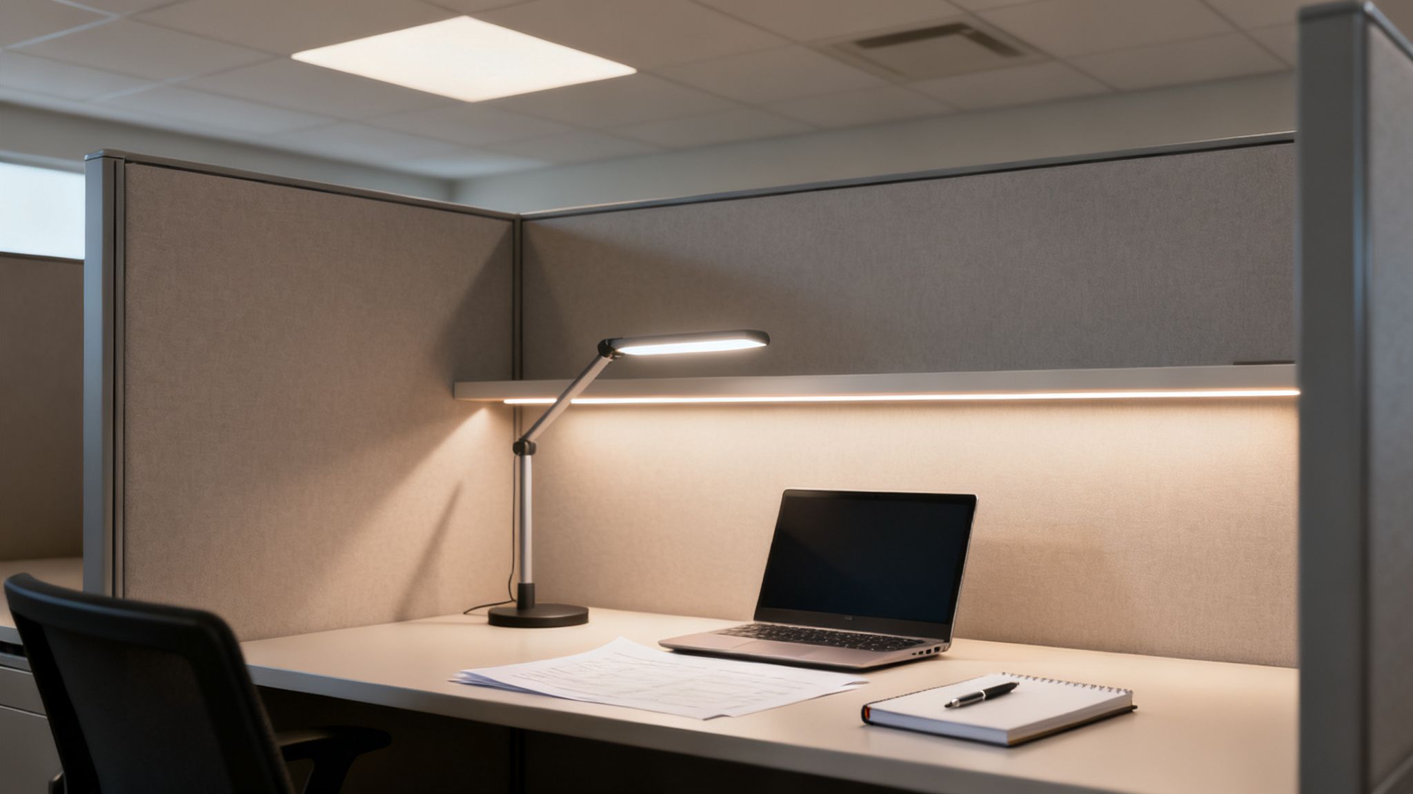 A modern office cubicle desk features a laptop, papers, and an illuminated adjustable desk lamp for task lighting.