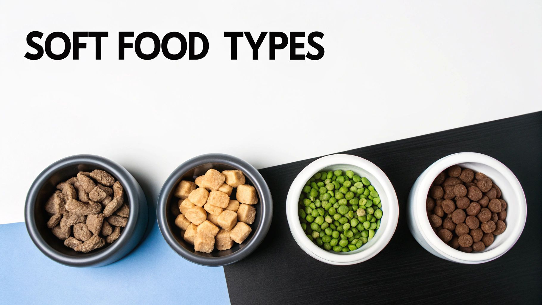 Four bowls displaying various soft pet food types, including kibble, treats, and green pellets, on a multi-colored background.