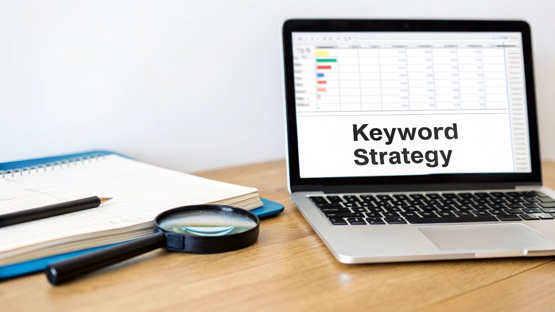 A laptop screen displaying a 'new site seo checklist' keyword strategy spreadsheet with a magnifying glass.