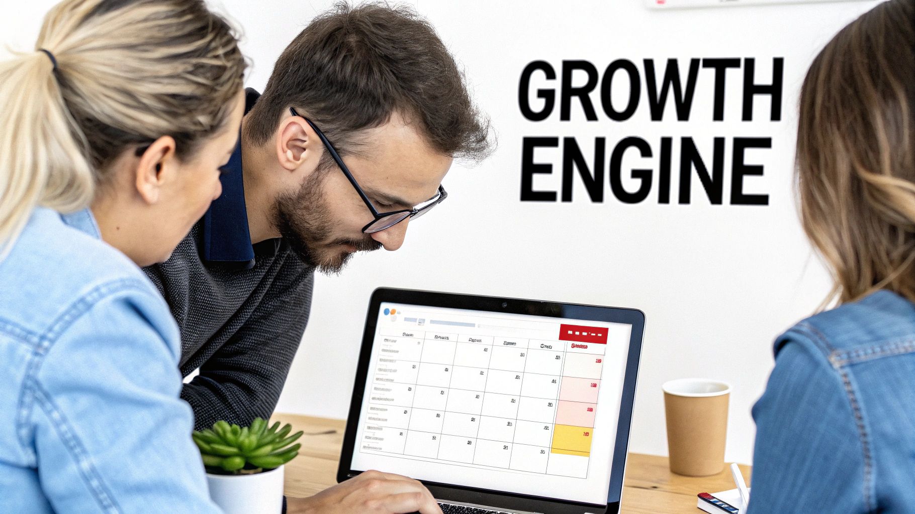 Three colleagues collaborating around a laptop, reviewing a digital content calendar for business growth.