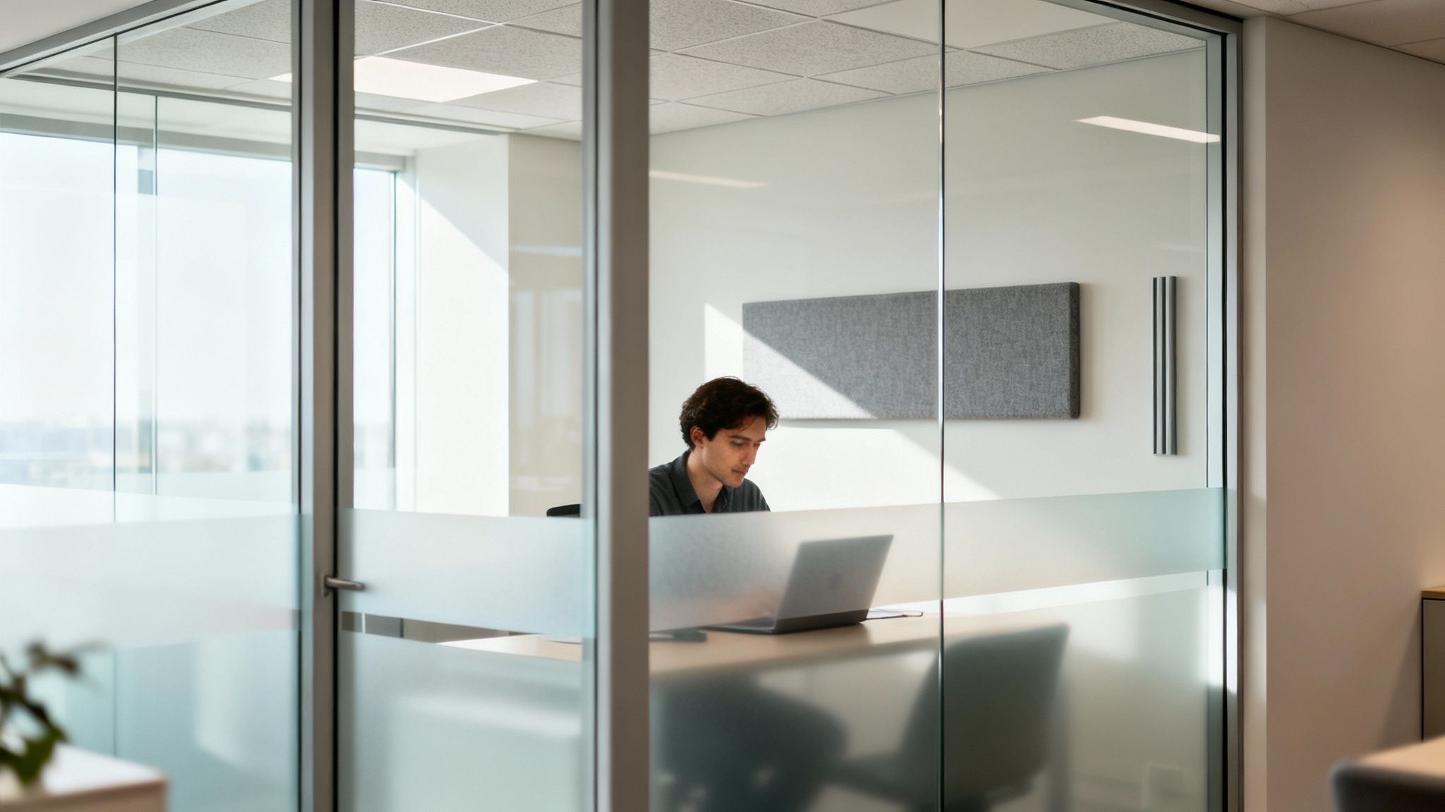 Young man working on a laptop in a modern office with bright office glass partition walls behind him.