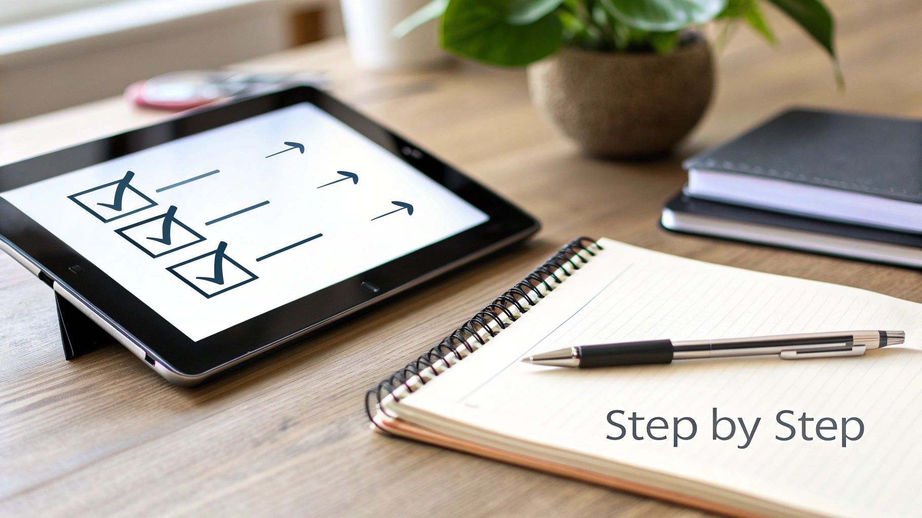 A tablet with a digital checklist and a notebook for planning local seo services.