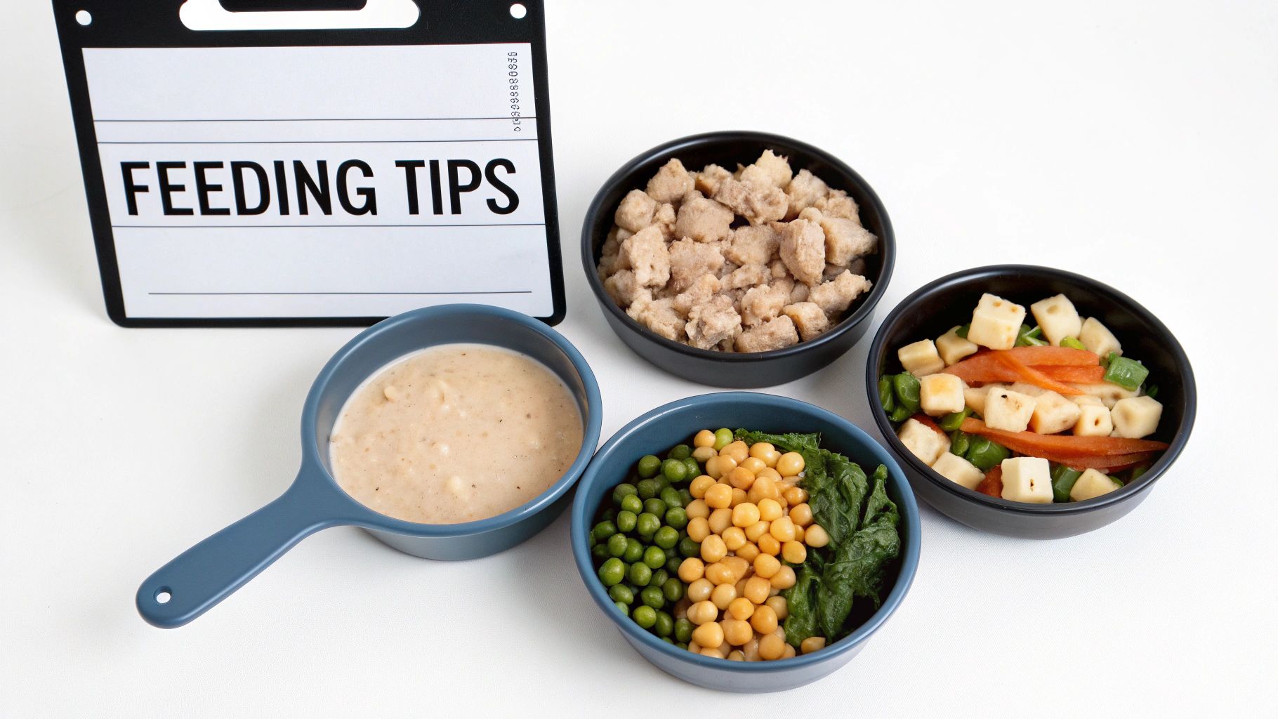 A delicious-looking bowl of senior dog food with kibble, vegetables, and a supplement sprinkled on top.