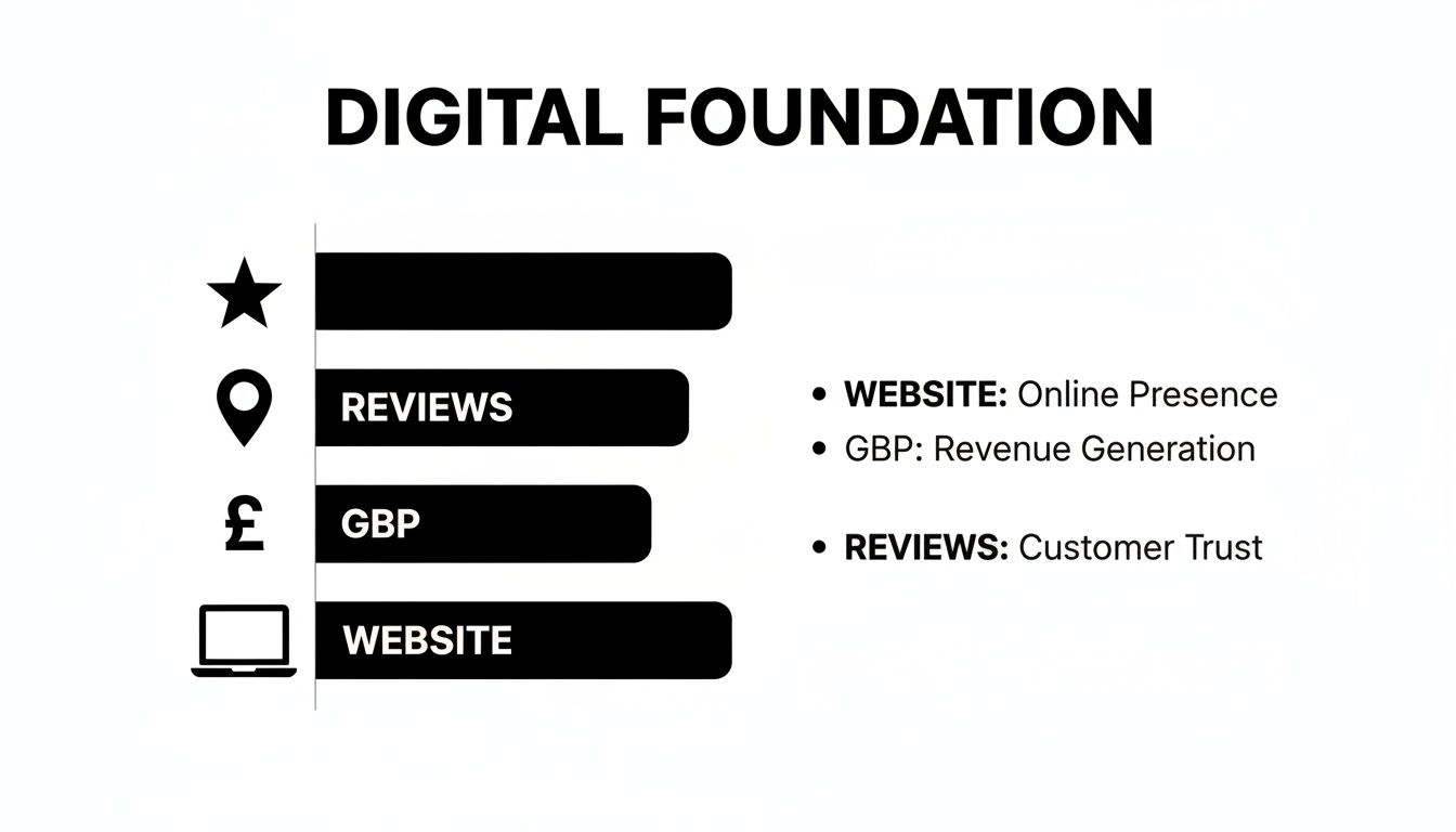 An infographic explaining lead generation for contractors, outlining key digital foundation elements like reviews, GBP, and website.