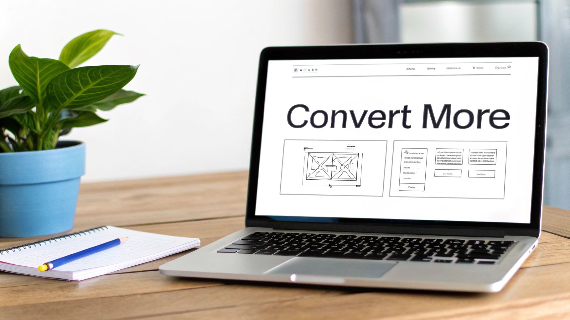 Laptop displaying 'Convert More' and website wireframes, alongside a plant and notebook on a wooden desk, illustrating marketing strategies for service businesses.
