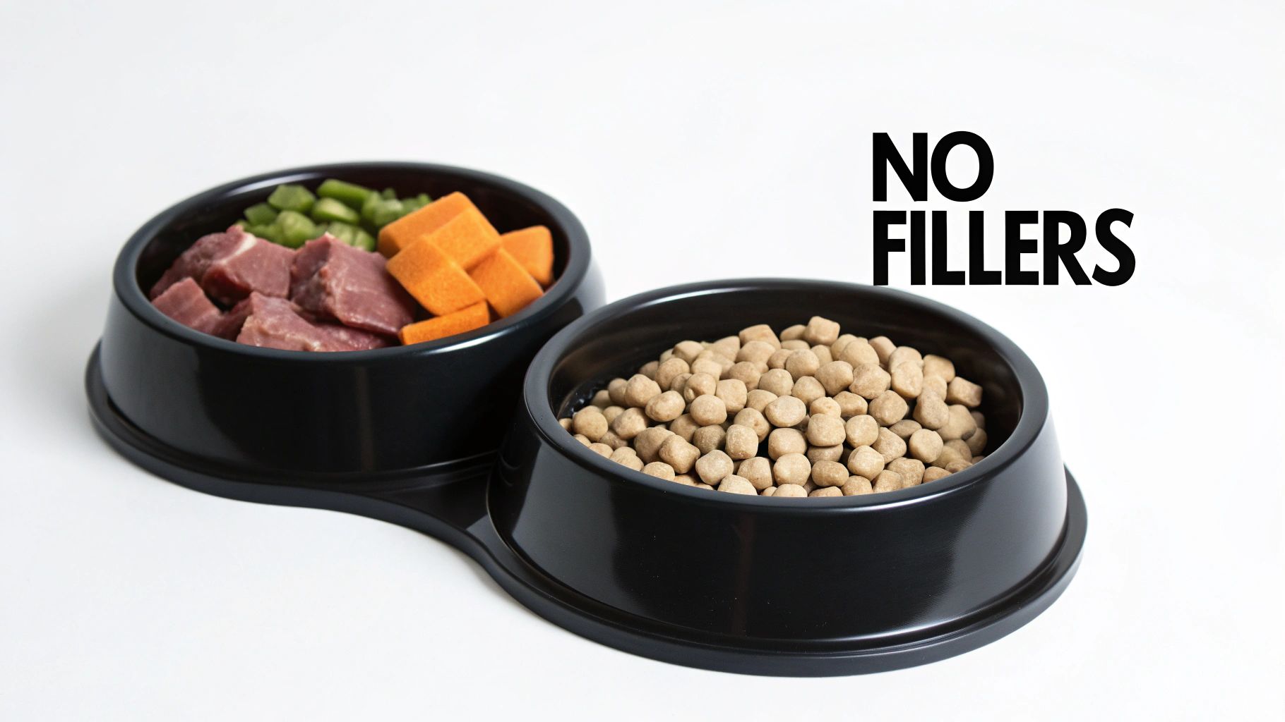 Two black pet bowls: one with raw meat, green vegetables, and sweet potato; the other with kibble, advertising "NO FILLERS" for healthy pet nutrition.