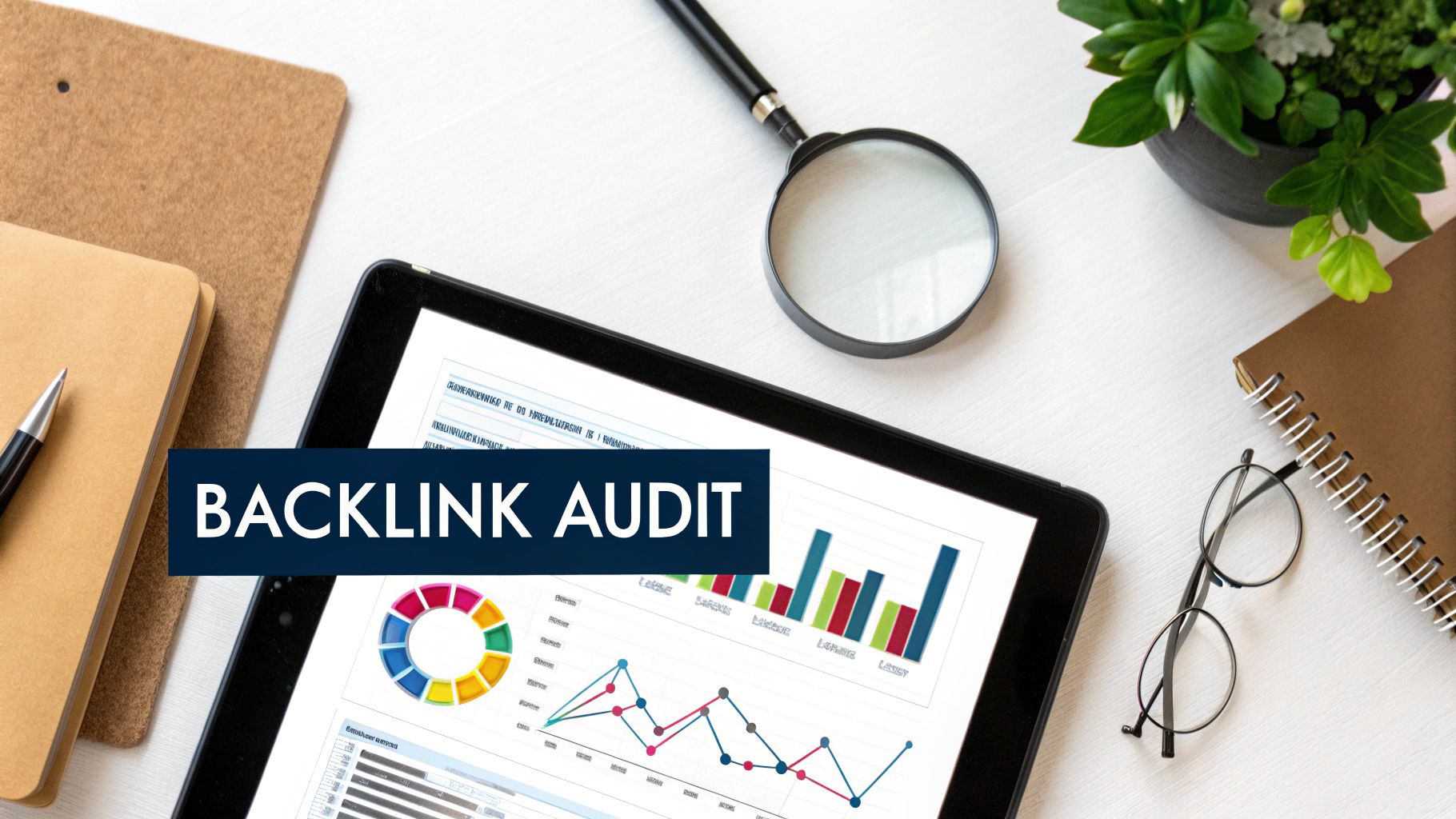 Tablet showing backlink audit charts and graphs to analyze a backlink profile.