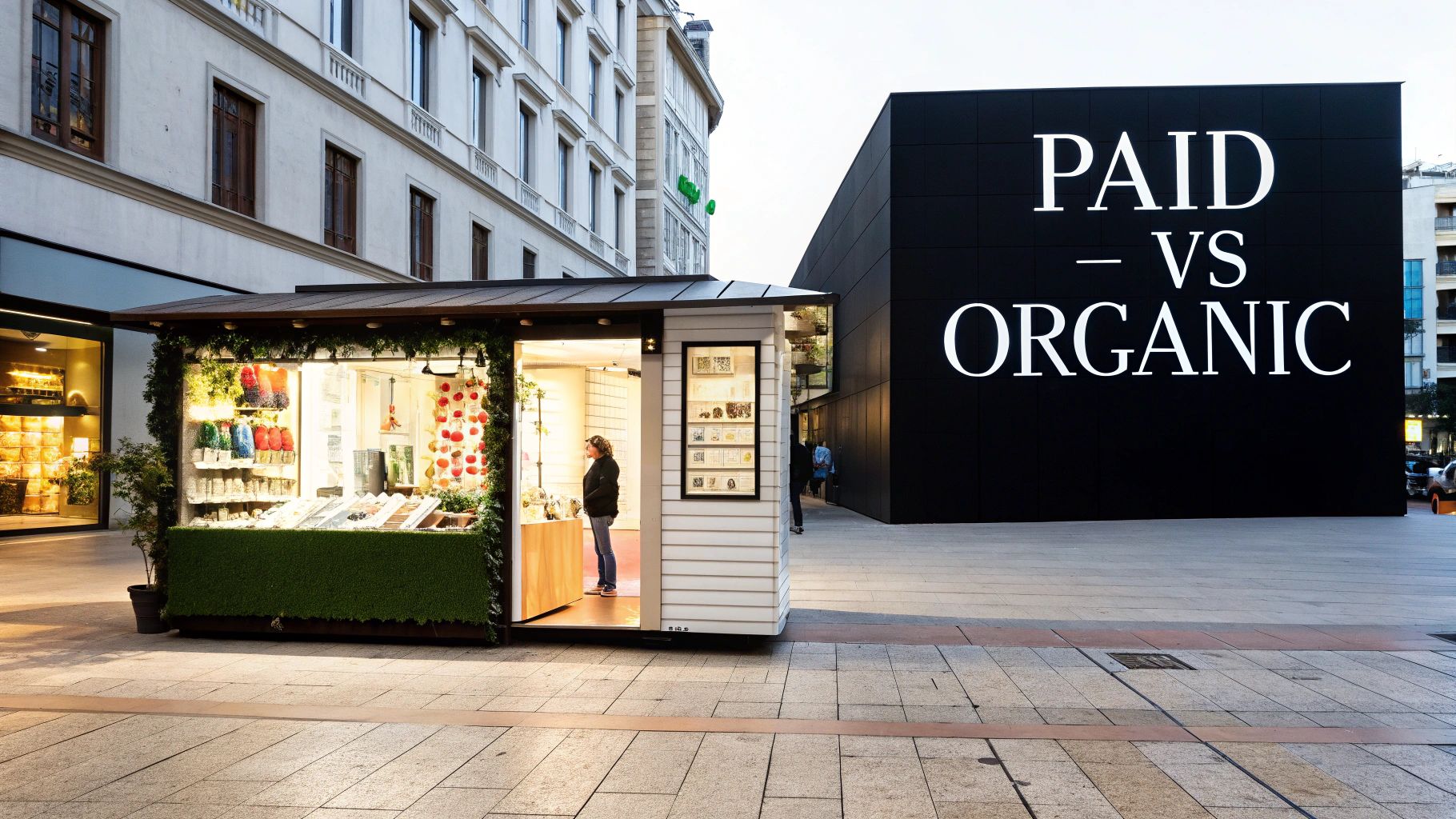 A street scene contrasting a vibrant market stall labeled "PAID" with a minimalist building displaying "ORGANIC," illustrating the paid search vs organic search dynamic.