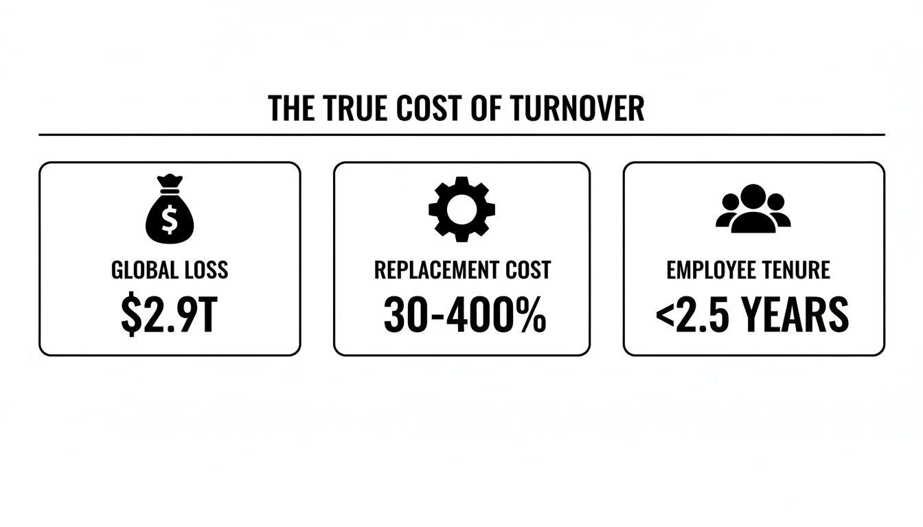 An infographic showing the true cost of employee turnover, including a $2.9 trillion global loss, replacement costs up to 400% of salary, and that 51% of the workforce changes jobs every 2.5 years.